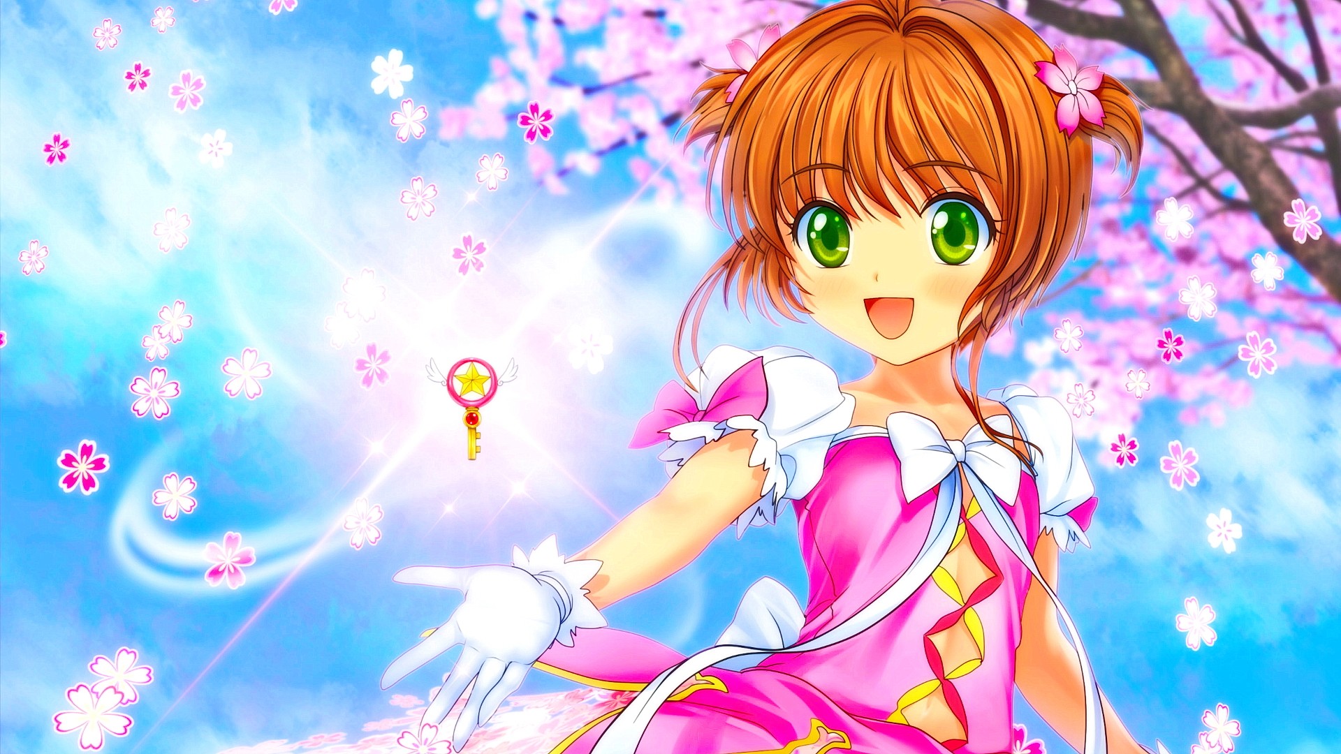 Anime Anime Girls Green Eyes Open Mouth Smiling Short Hair Cardcaptor Sakura Kinomoto Sakura Cherry  1920x1080