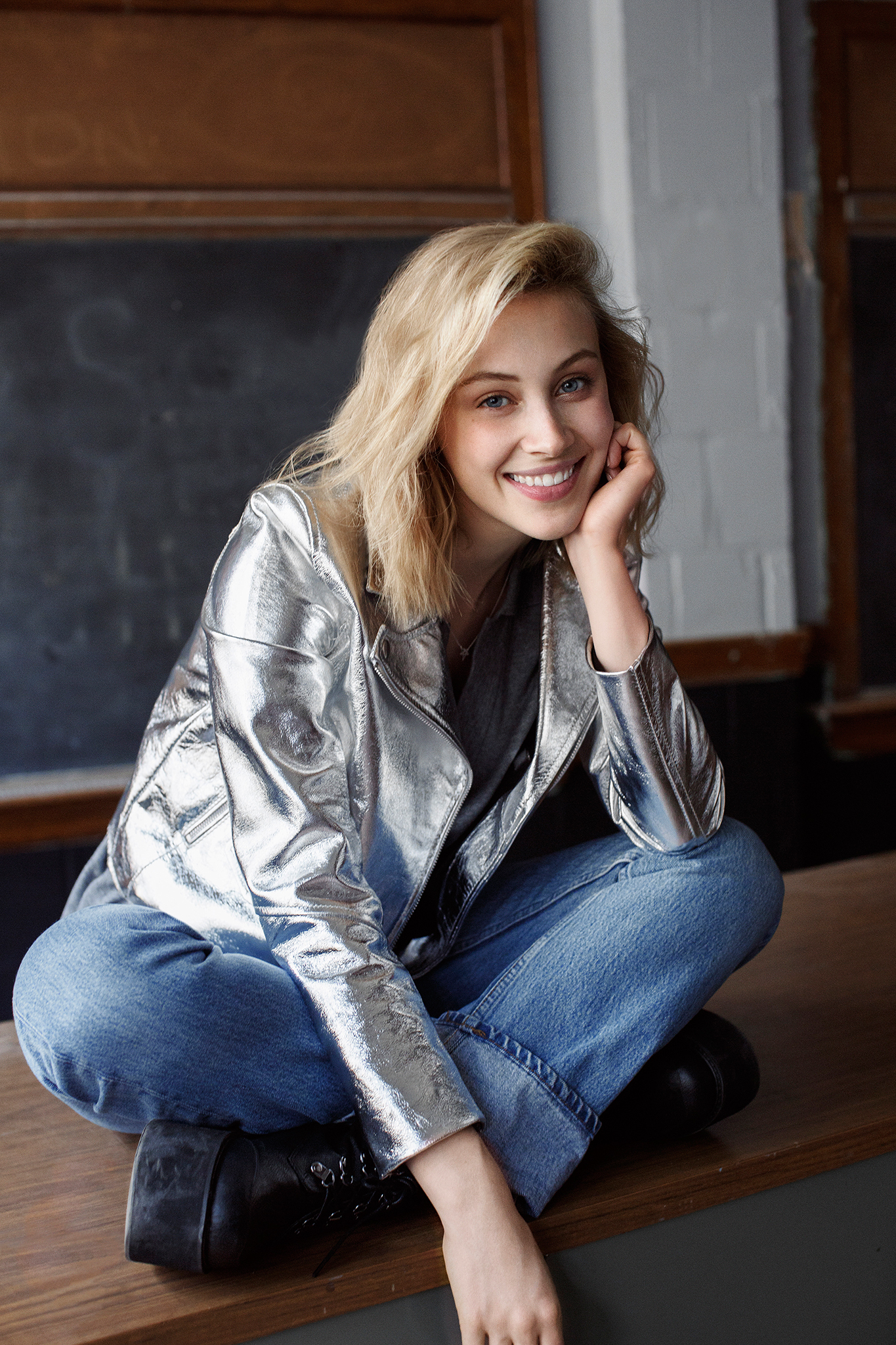 Sarah Gadon Women Actress Blonde Blue Eyes Shoulder Length Hair Sitting Jeans Smiling Canadian Silve 1365x2048