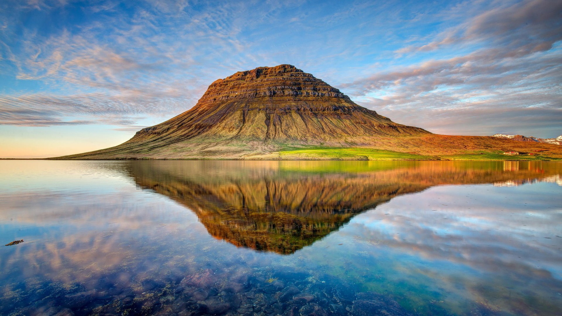 Landscape Reflection Mountains Kirkjufell Iceland Lake 1920x1080