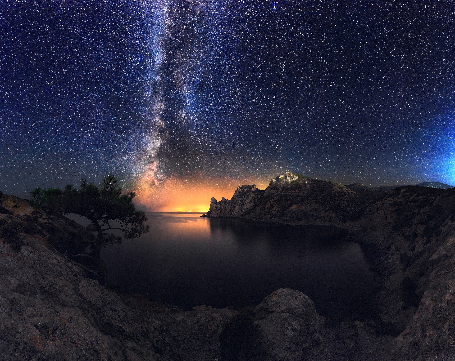 Landscape Nature Stars Mountains Sea Night Sky Milky Way Trees Rocks Bay Russia Ukraine Crimea 1920x1525