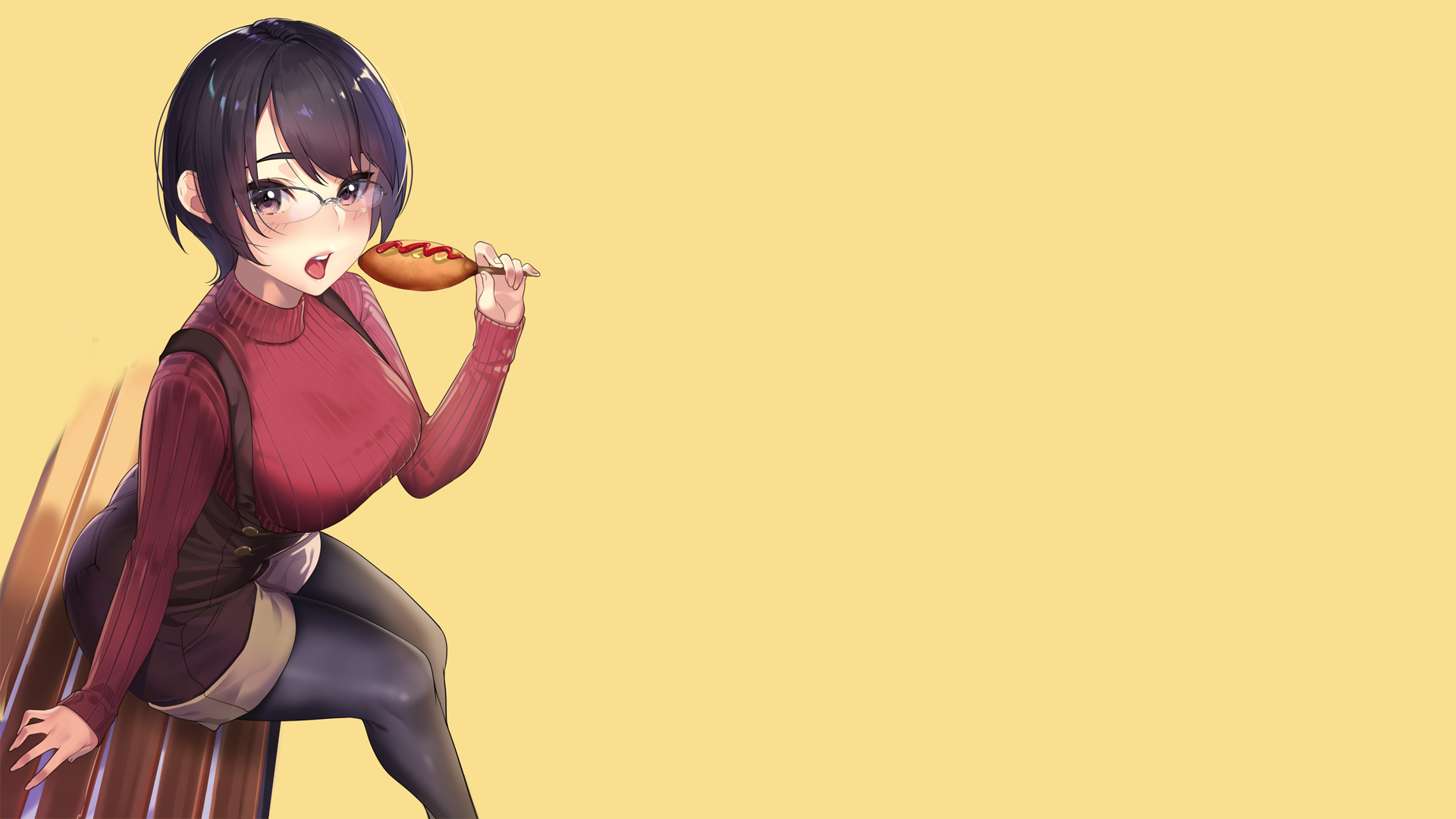 Anime Manga Anime Girls Simple Background Anime Girls Eating Eating Meganekko Glasses Hips Food Open 1920x1080