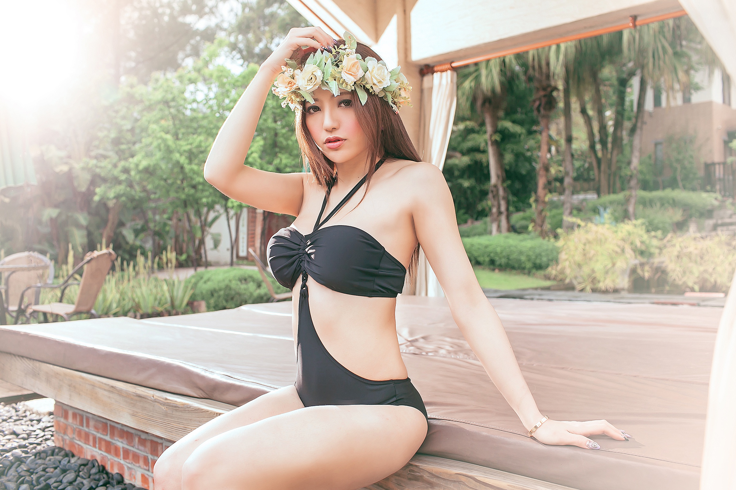 Woman Model Girl Asian Swimsuit Brunette Wreath 2400x1600