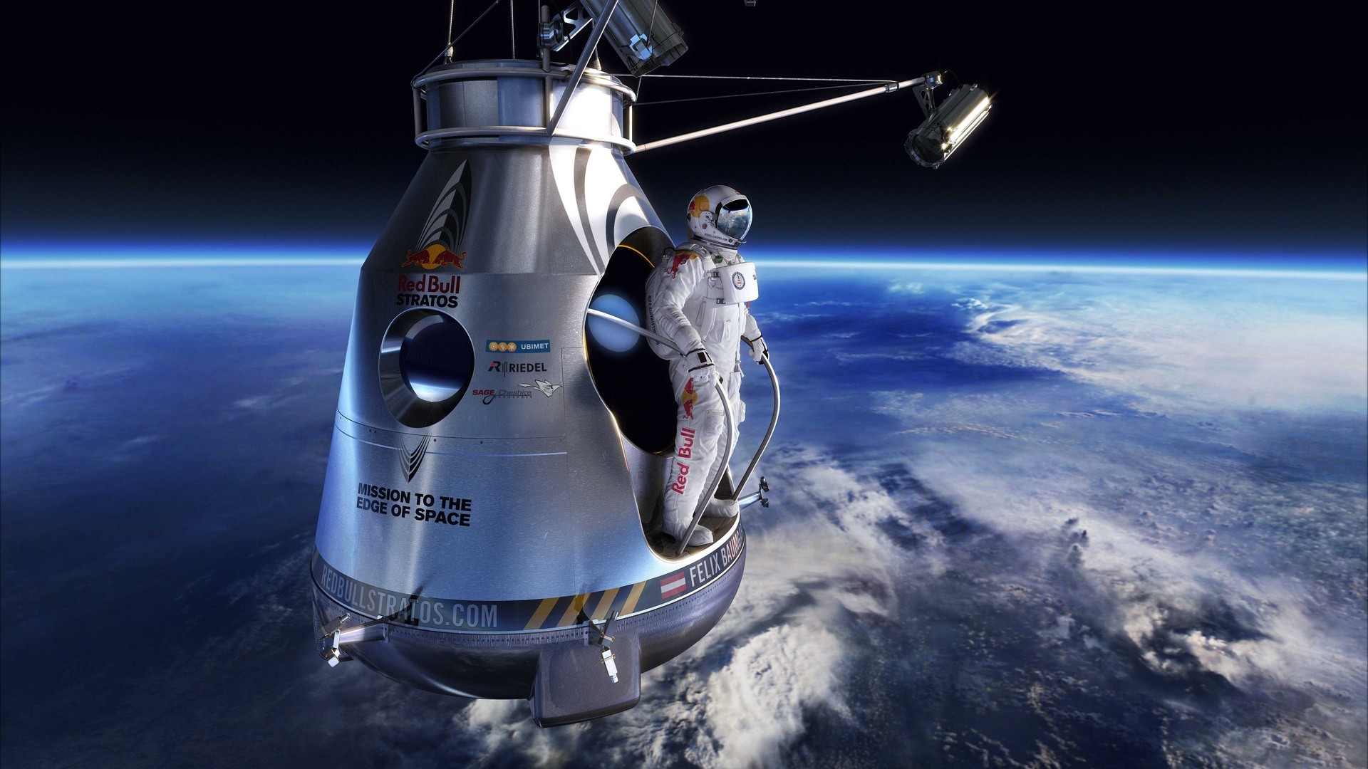 Men Aerial View Space Earth Horizon Felix Baumgartner Atmosphere Spacesuit Helmet Red Bull Skydiver  1920x1080