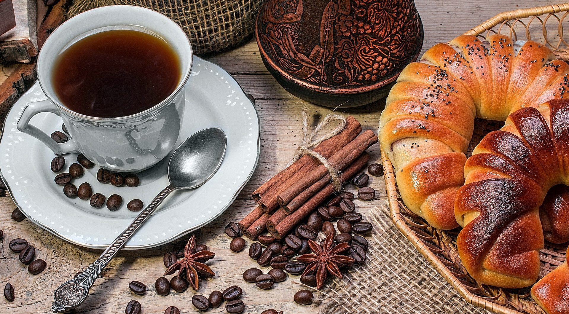 Tea Cup Croissants Breakfast Food Coffee Beans 1919x1059