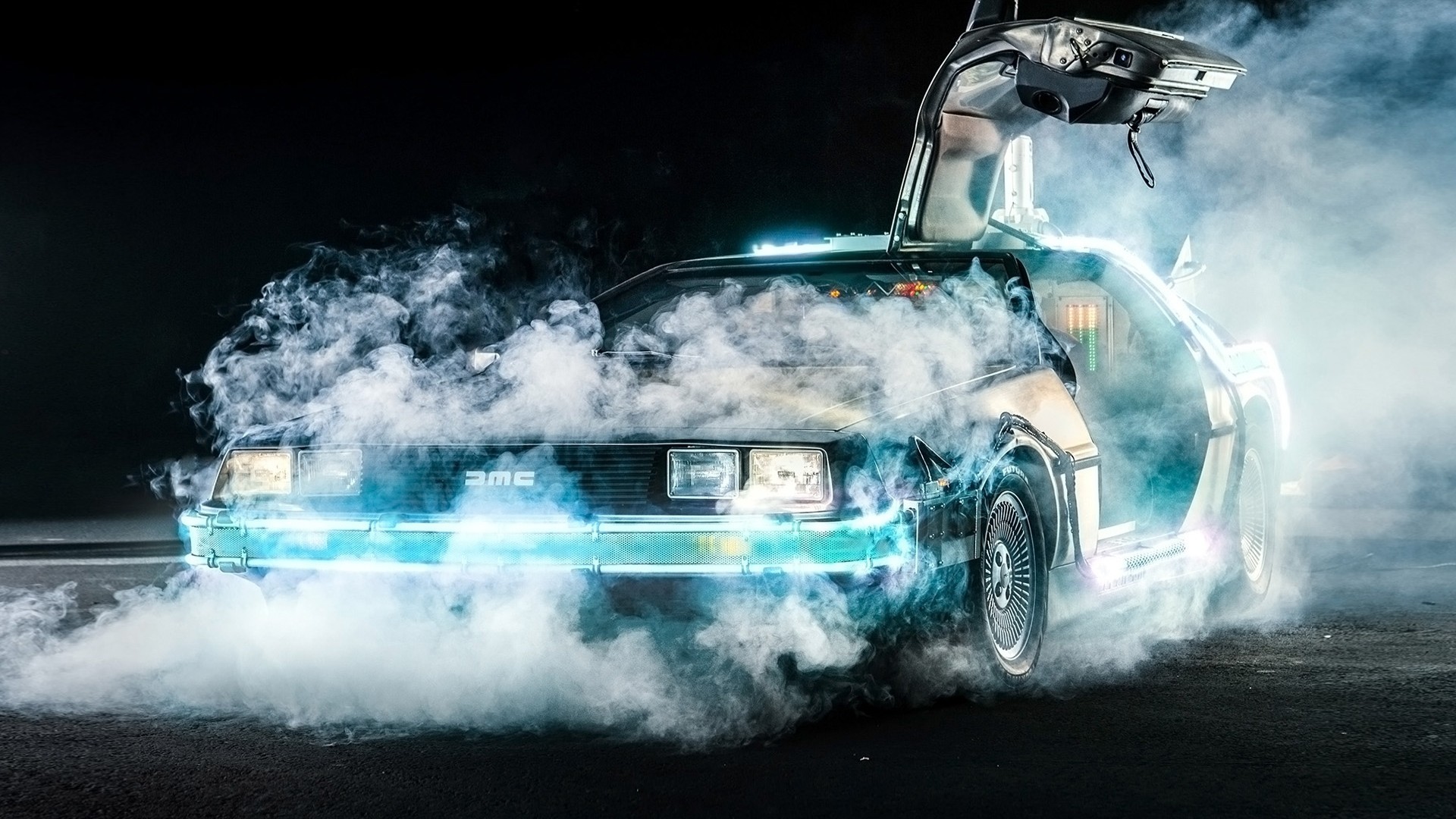 Back To The Future DeLorean Time Travel Car Movies Smoke Cyan Black Night 1920x1080