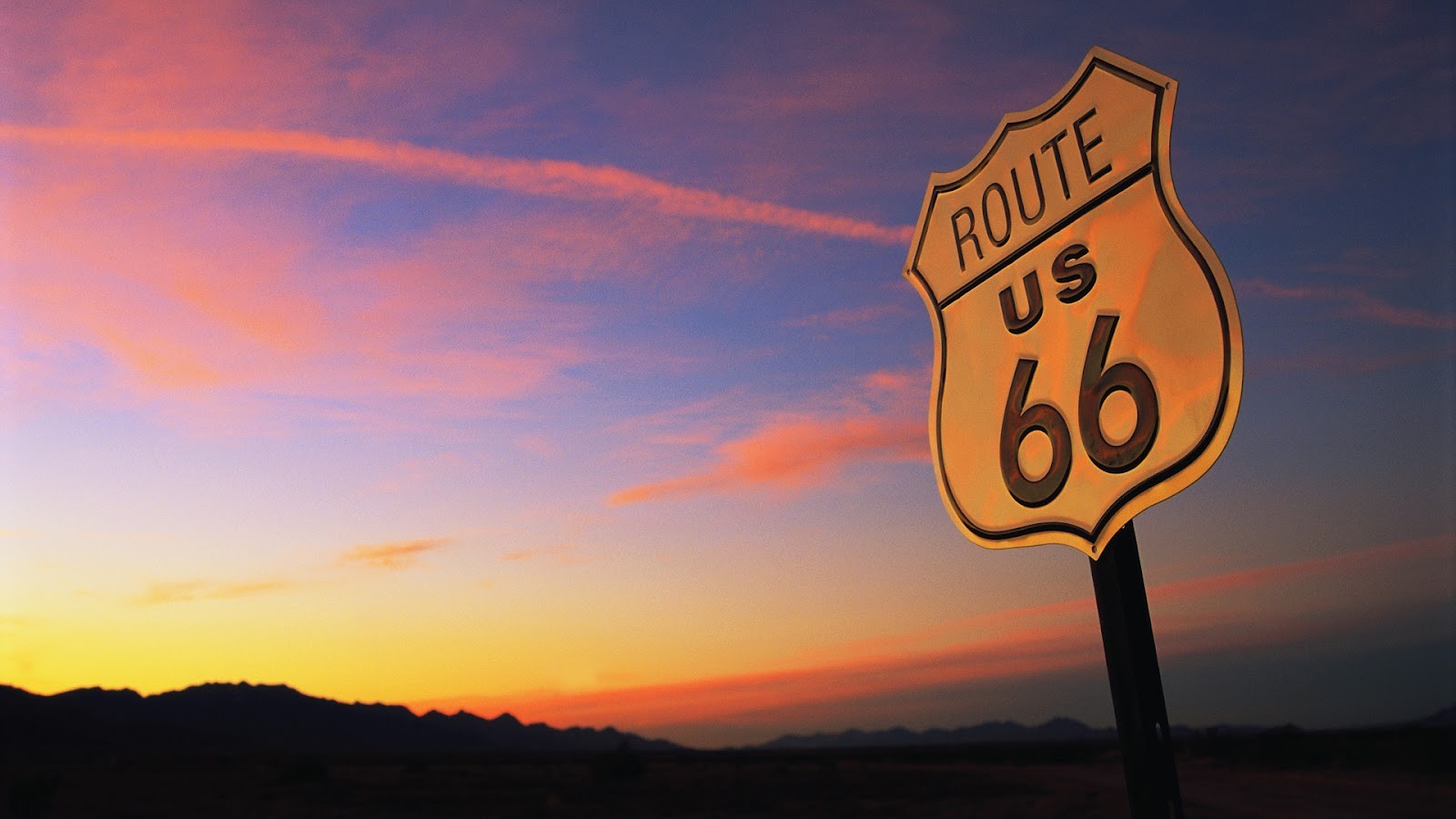 Road Route 66 USA Highway Road Sign Nature Landscape Sunset Clouds Contrails Mountains Low Angle 1600x900