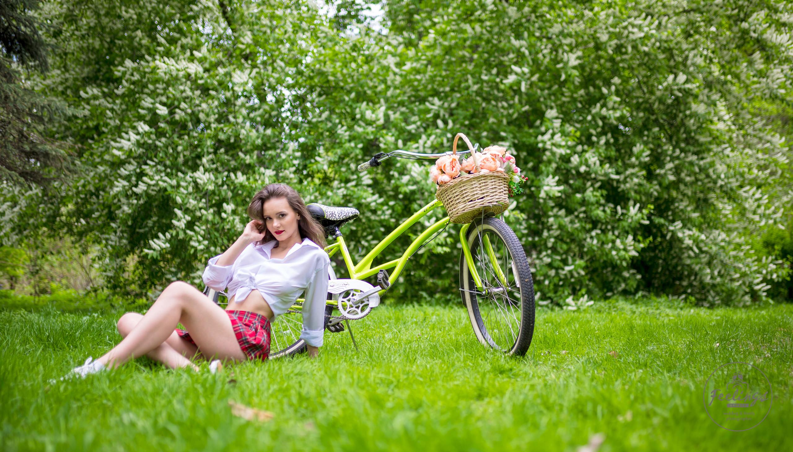 Women Plaid Skirt White Shirt Flowers Women Outdoors Women With Bicycles Bicycle Sitting Grass Red L 2560x1459