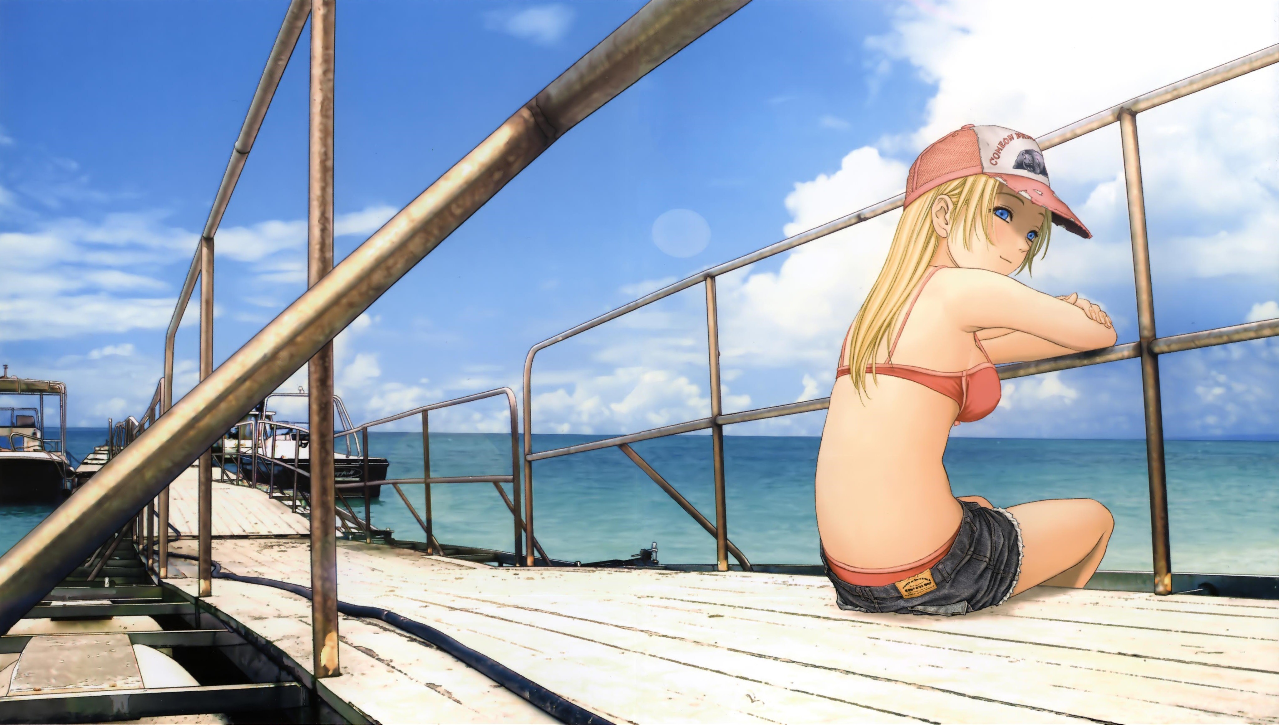 Btooom Himiko Anime Girls Anime Blonde Blue Eyes Sky Hat Pier 4097x2325