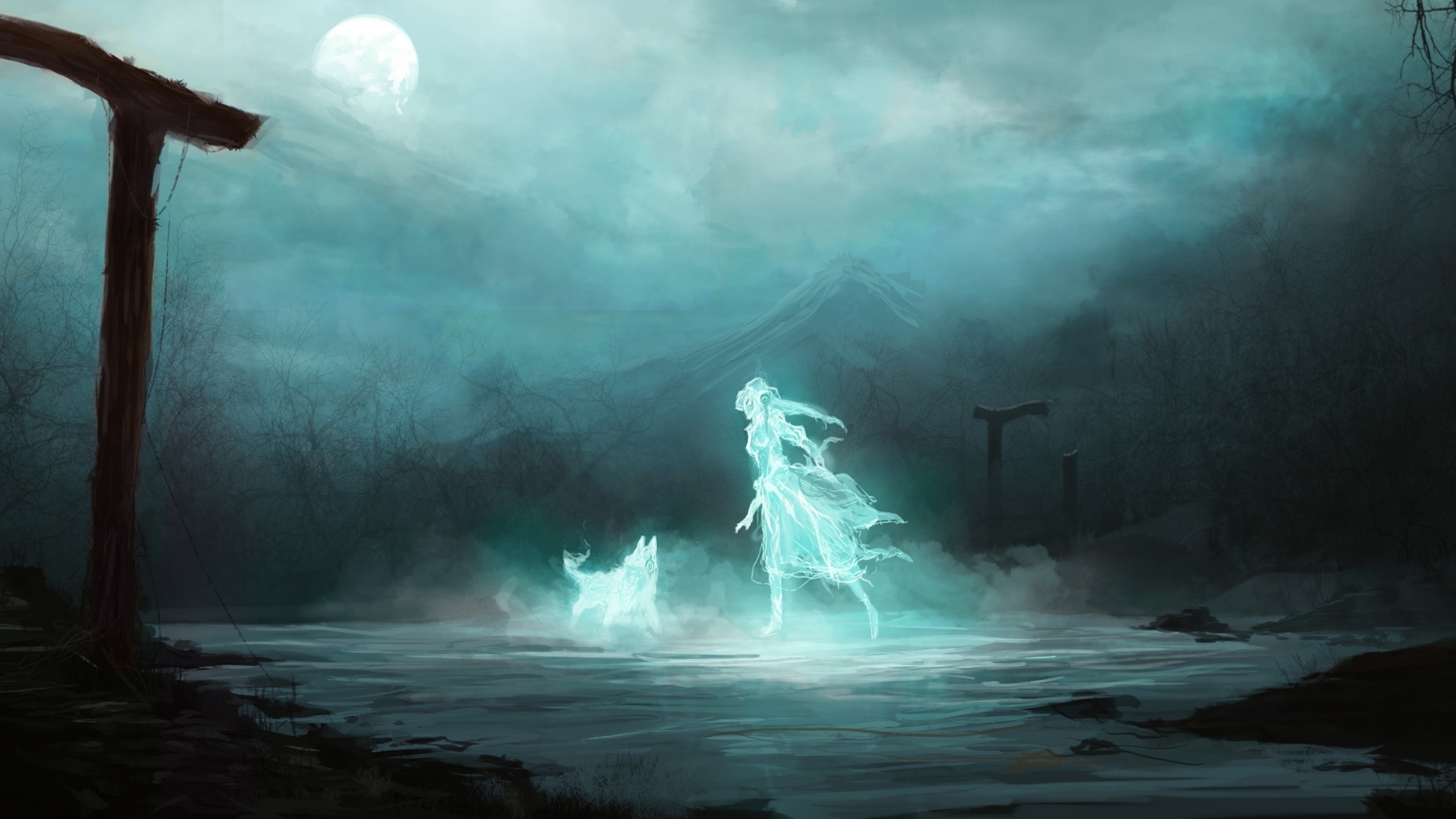 Ghosts Women Dog Night Mist Digital Art Moon 2560x1440