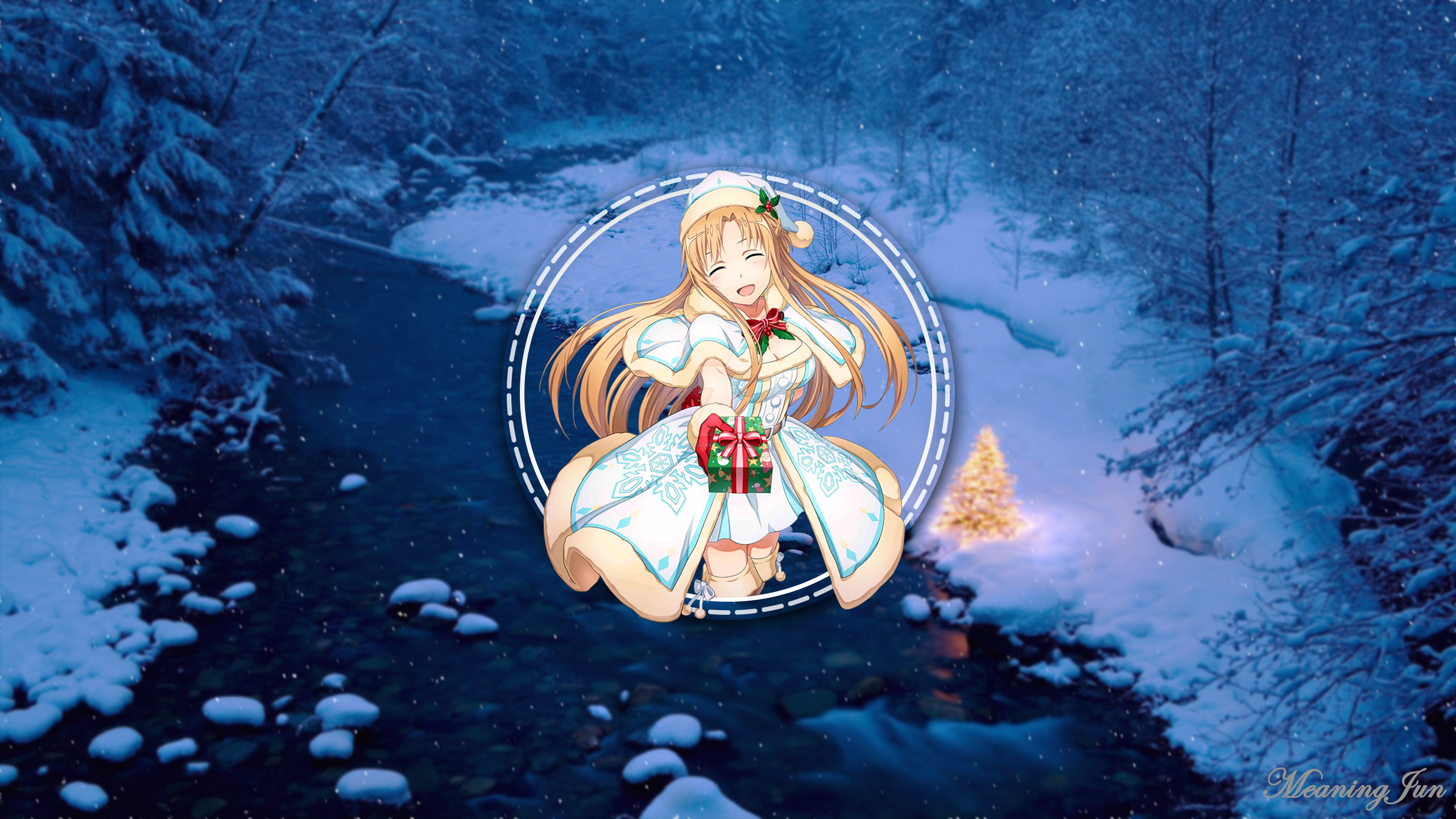 2D Anime Girls Anime Picture In Picture MeaningJun River Christmas Trees Snow Christmas Tree Forest  2560x1440