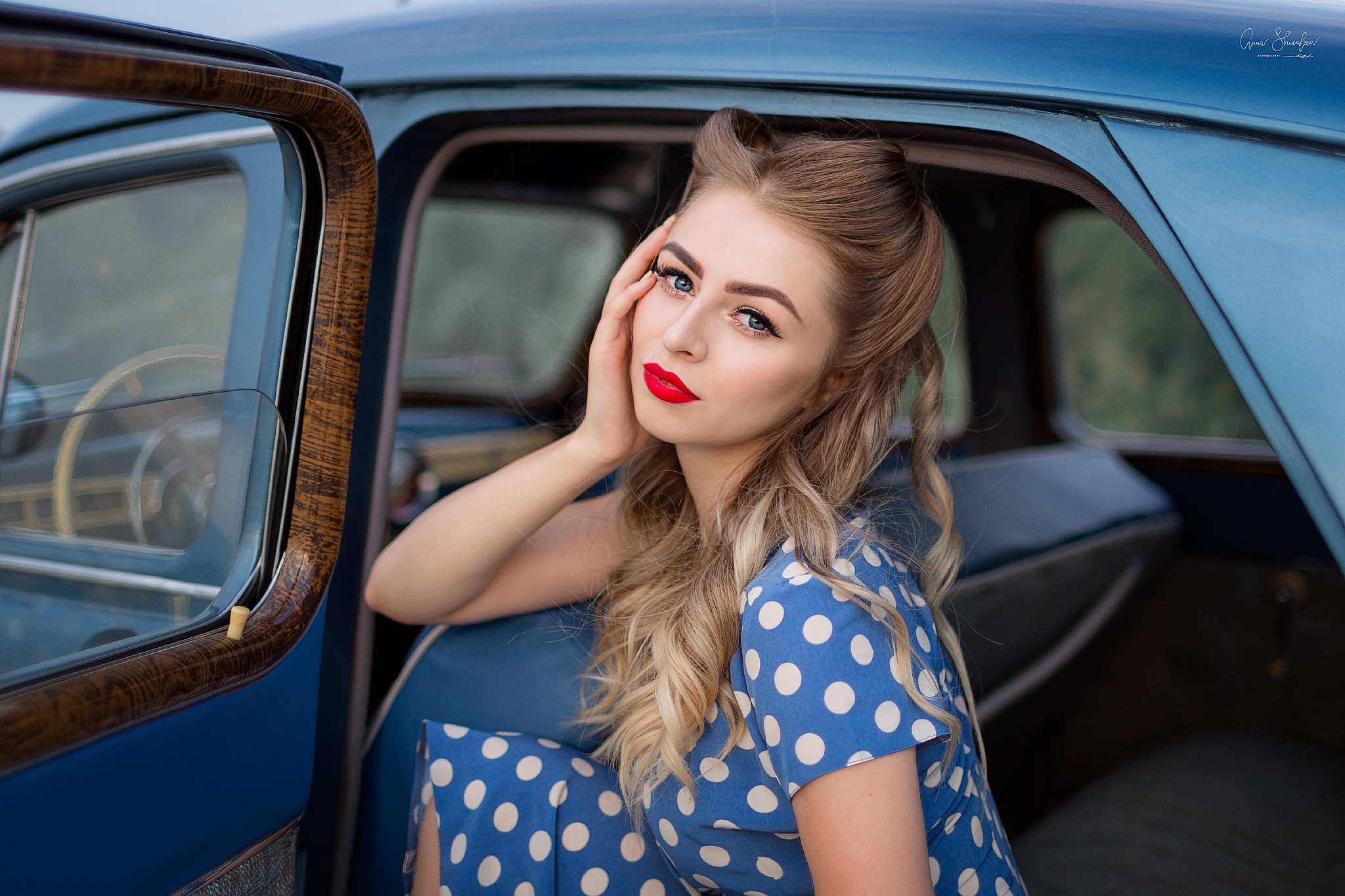 Women With Cars Red Lipstick Women Model Portrait Car Polka Dots Hand On Face Touching Face Car Inte 2048x1365