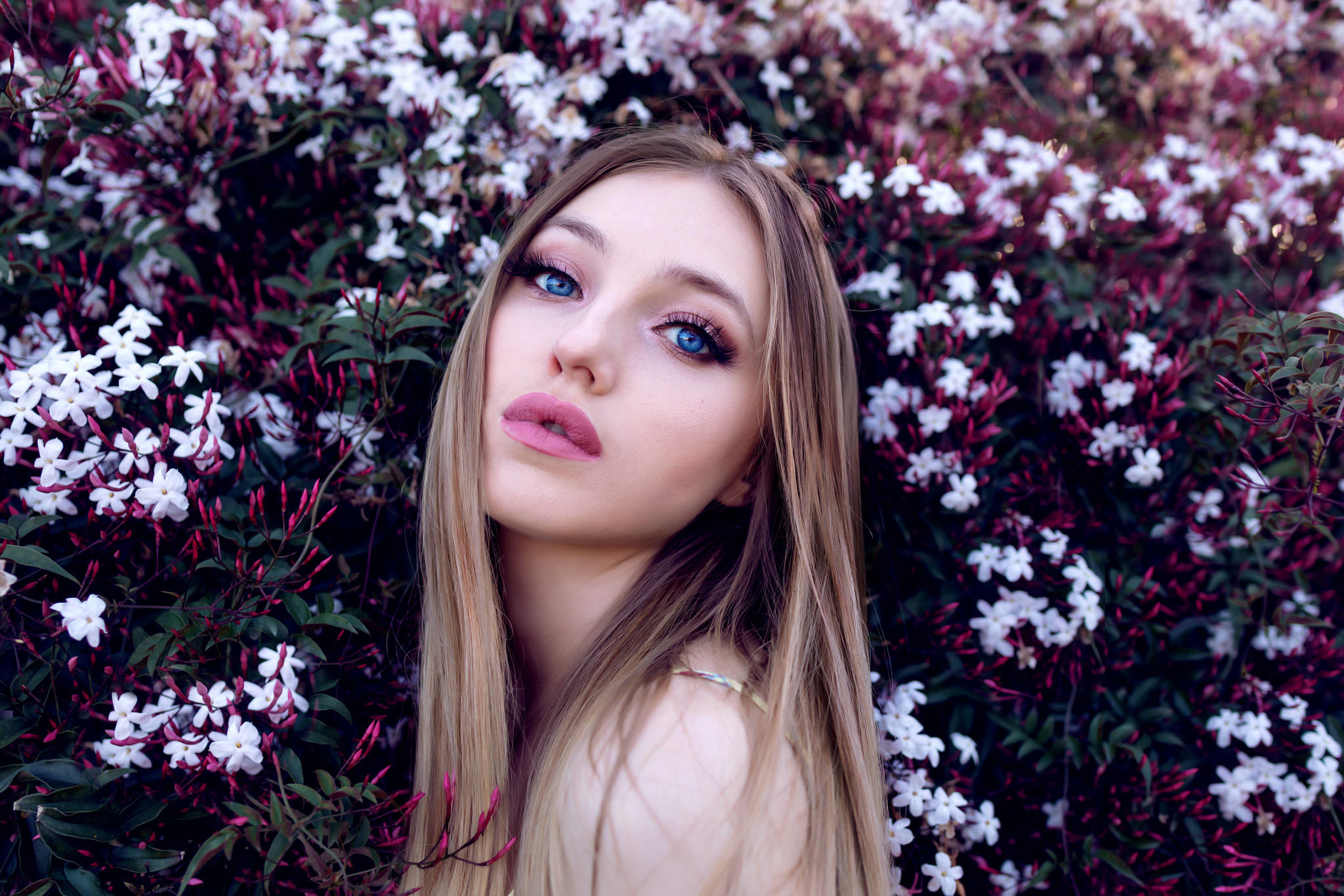 Women Blonde Blue Eyes Portrait Face Flowers Pink Lipstick Make Up Long Eyelashes Long Hair Looking  2048x1365