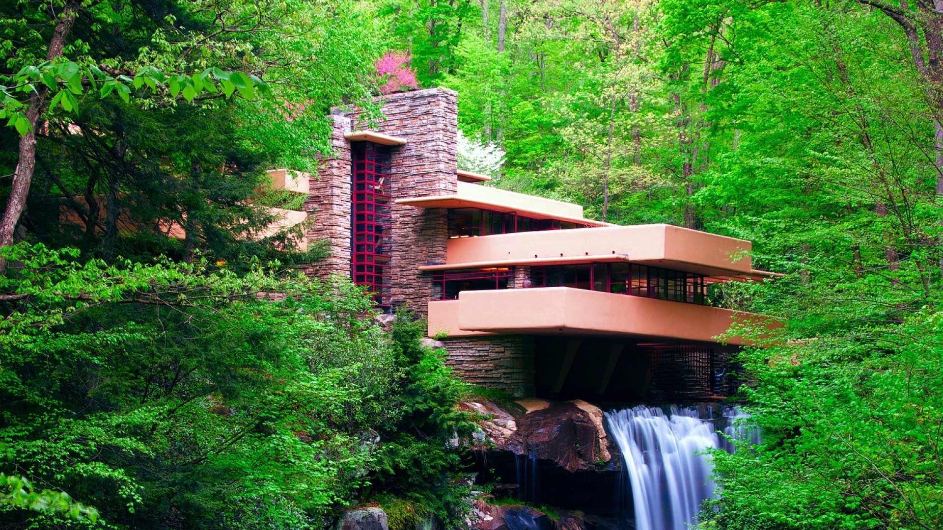 Nature Landscape Waterfall Long Exposure Frank Lloyd Wright Trees Forest Falling Water Architecture  1920x1080