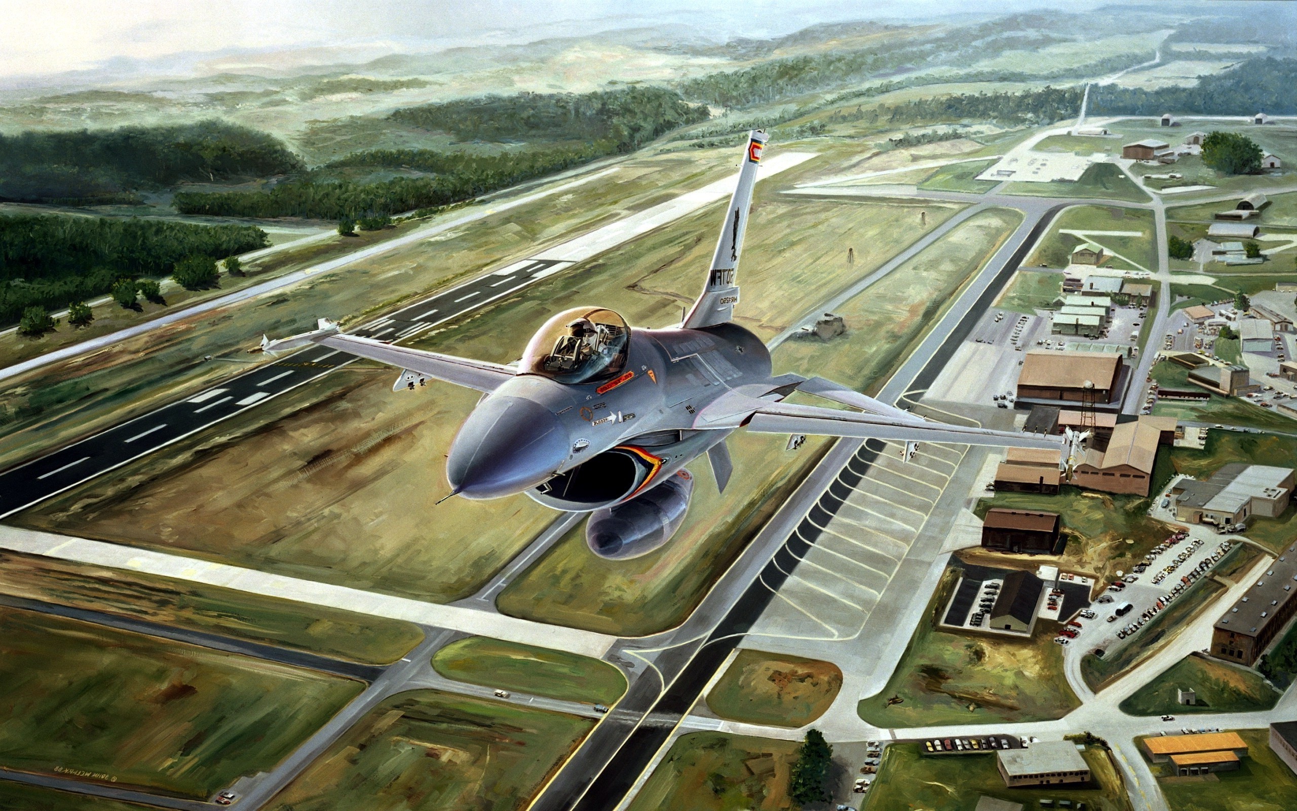 Drawing Aircraft Military Aircraft Airfield General Dynamics F 16 Fighting Falcon Airport Car 2560x1600