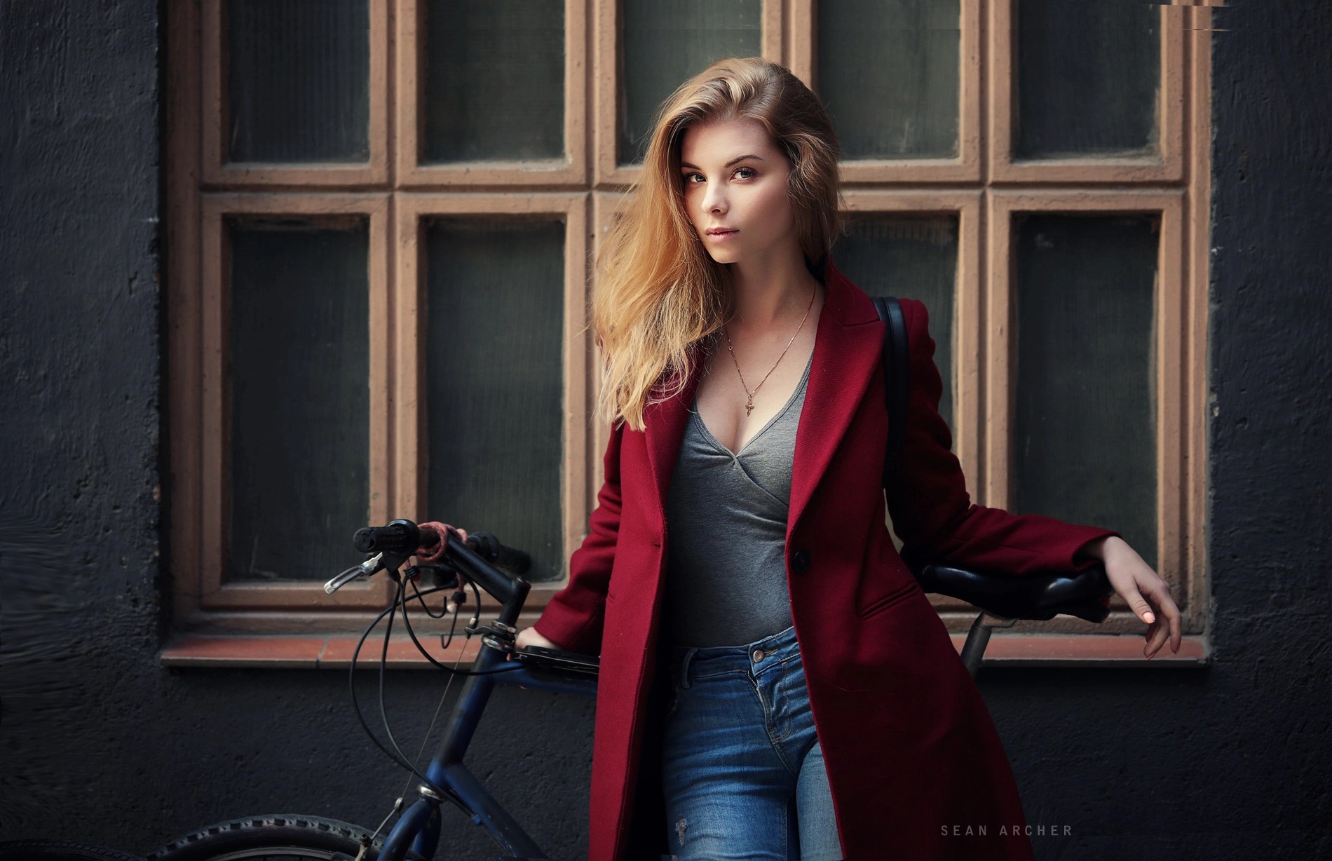 Irina Popova Blonde Women Outdoors Necklace Straight Hair Jeans Portrait Bicycle Looking At Viewer W 1900x1228