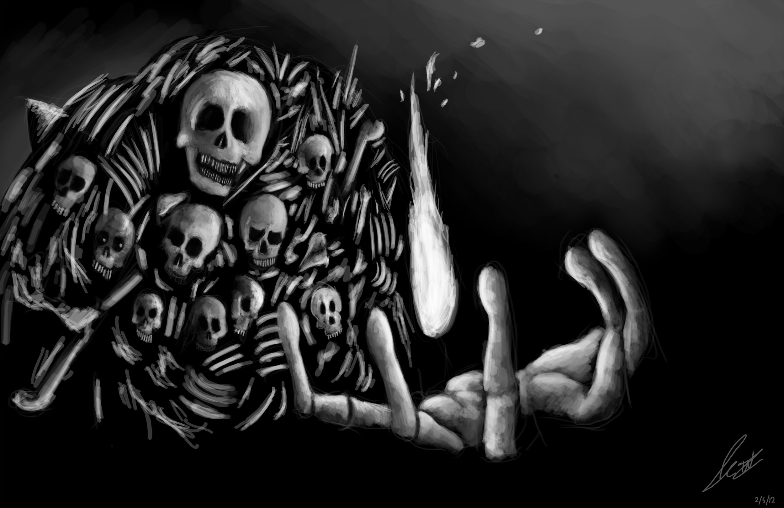 Fantasy Art Artwork Drawing Skull Bones Skeleton Monochrome Hands Fingers Fire Dark Souls 2500x1620