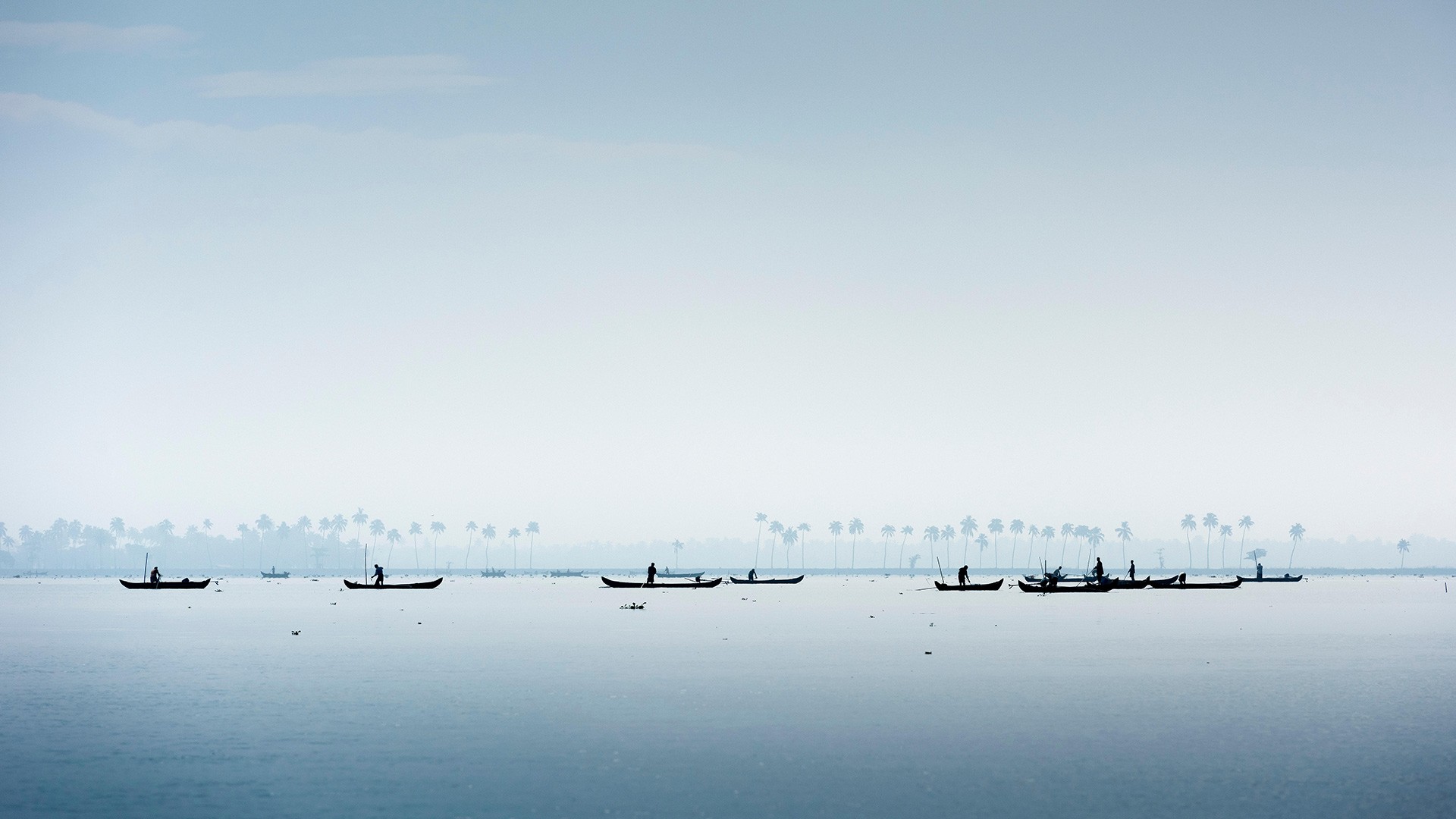 Nature Landscape India Water Lake Boat Men Fisherman Fishing Palm Trees Simple Sky Clouds Silhouette 1920x1080