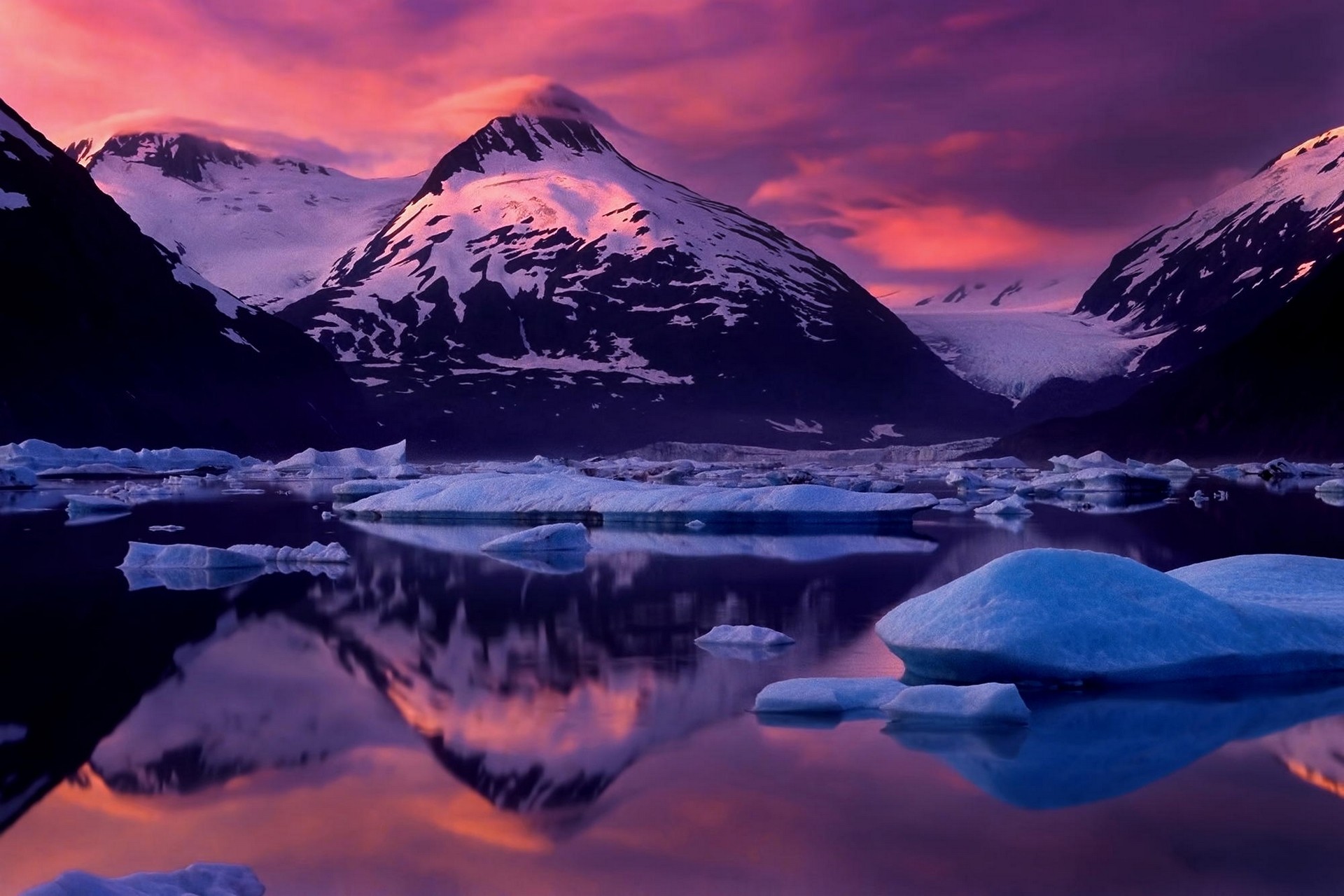 Glaciers Cold Mountains Sunset Nature Alaska Snowy Peak Reflection Landscape Sky Ice Water Clouds Wi 1920x1280