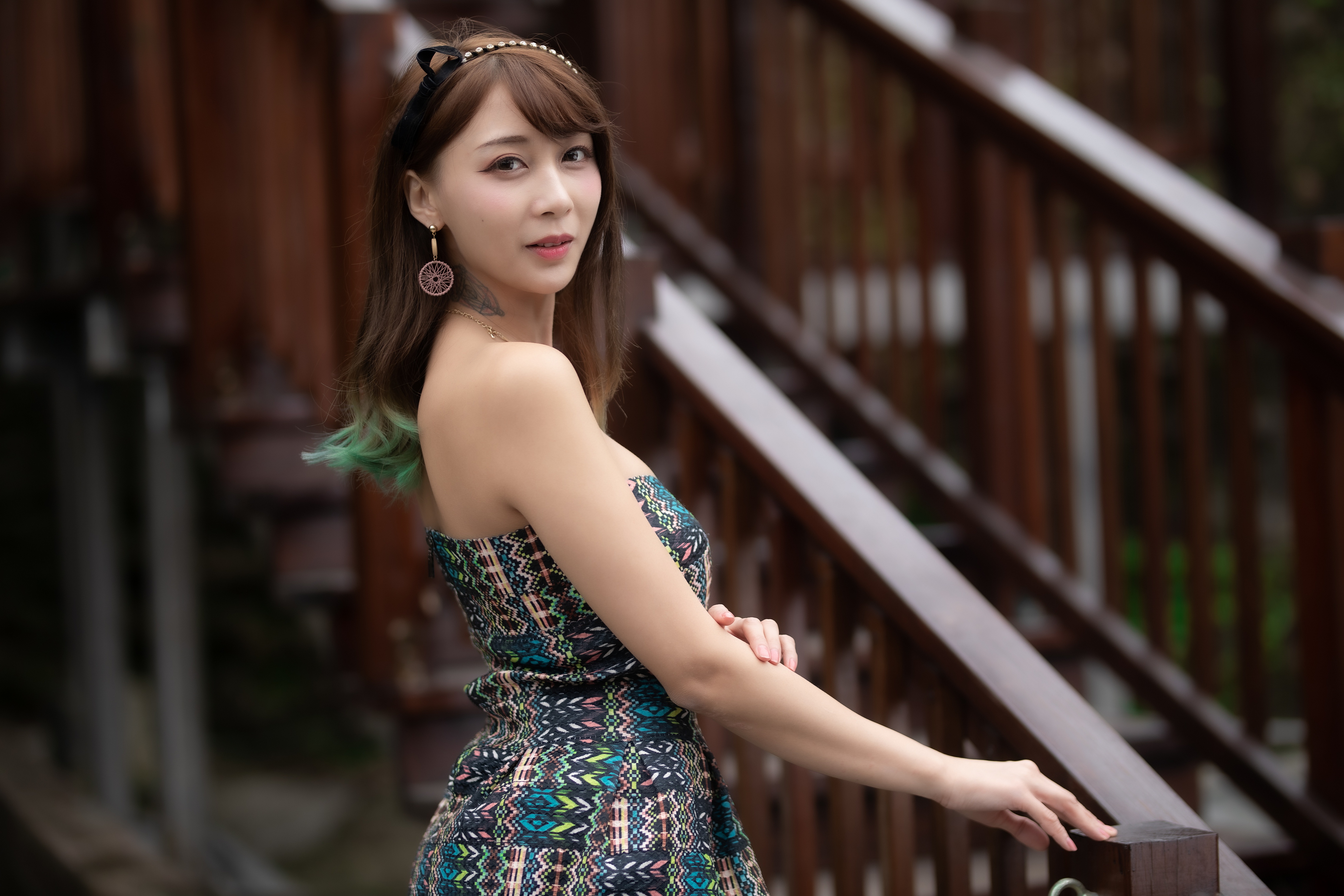 Asian Women Model Long Hair Brunette Railings Tattoo Earring Depth Of Field Dress Hairband Necklace 4562x3041