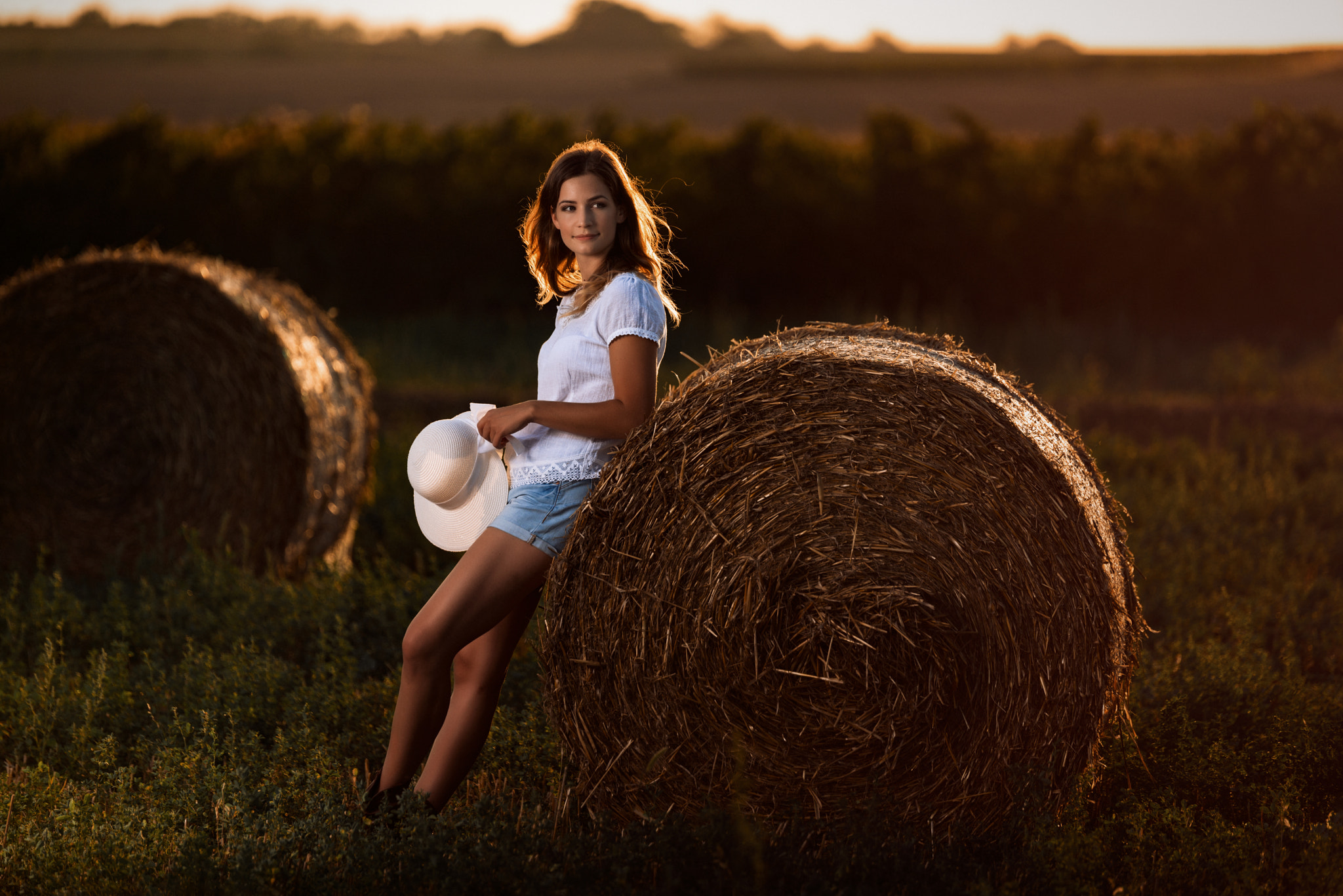 Women Brunette Smiling White Shirt Field Sun Hats Haystacks 2048x1367