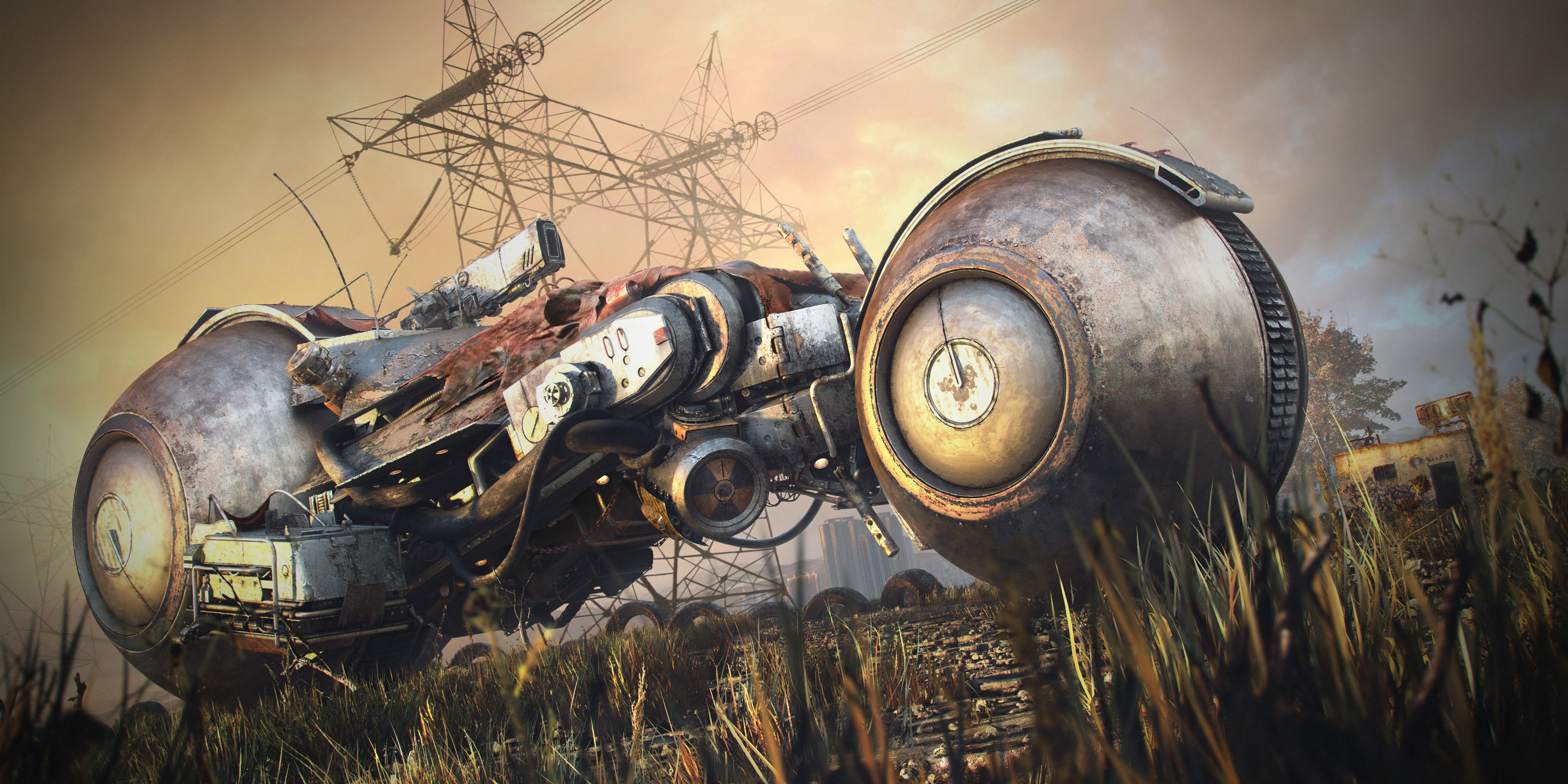 Vehicle Bikes Sphere Weapon Wires Grass Gun Rust Wheels Low Angle 4000x2000