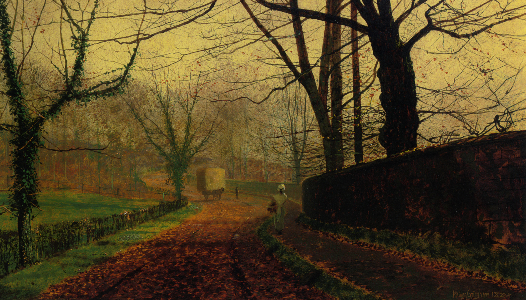 John Atkinson Grimshaw Painting Classical Art Fall Trees Road 2000x1139