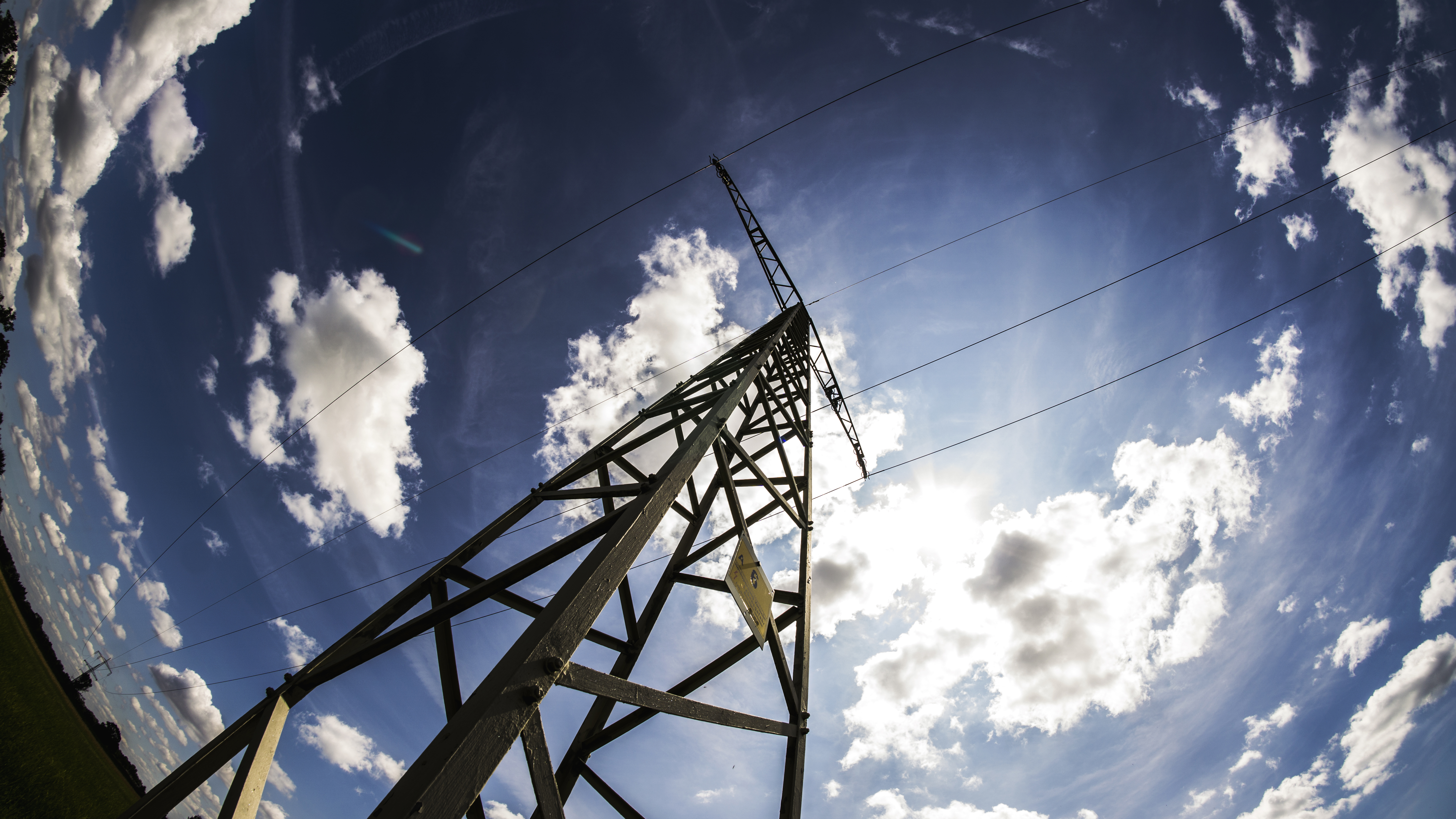 Utility Pole Power Lines Clouds Sky Fisheye Lens 6000x3376