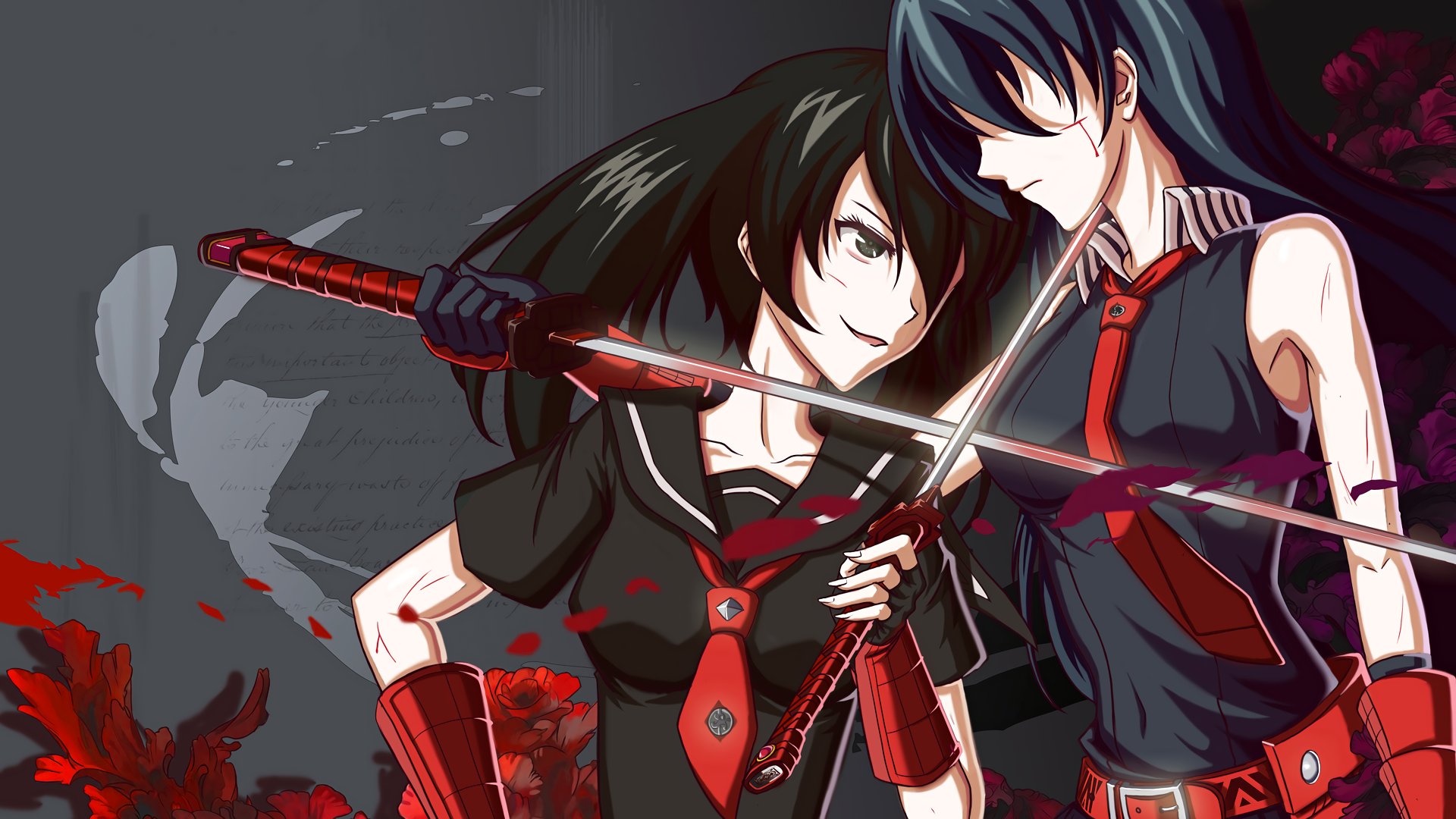 Akame Ga Kill Akame Kurome Anime Anime Girls Black Hair Gray Hair Katana Smiling 1920x1080