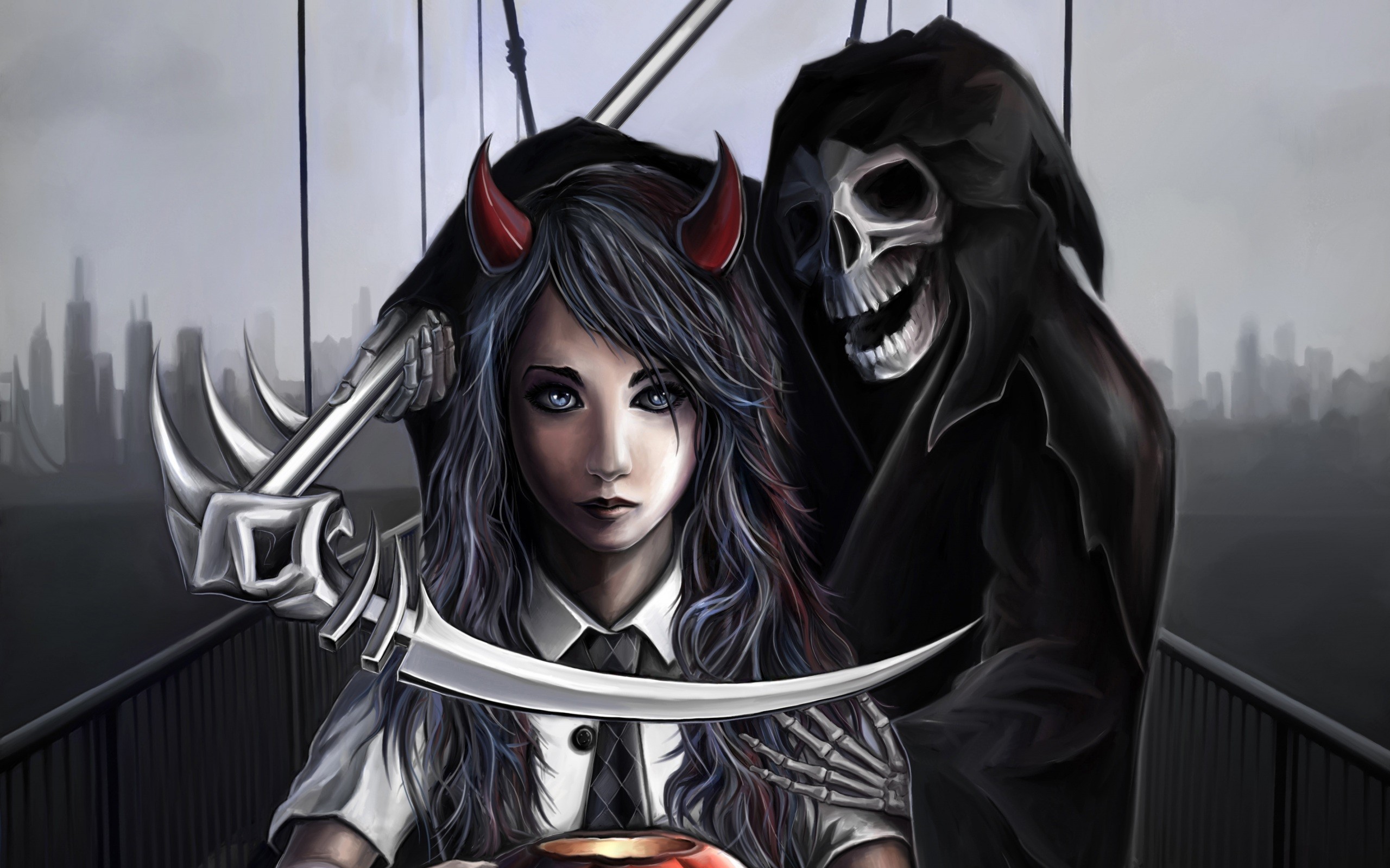 Skull Skeleton Bones Digital Art Grim Reaper Scythe Horns Women Bridge Devils Death Spooky Cityscape 2560x1599