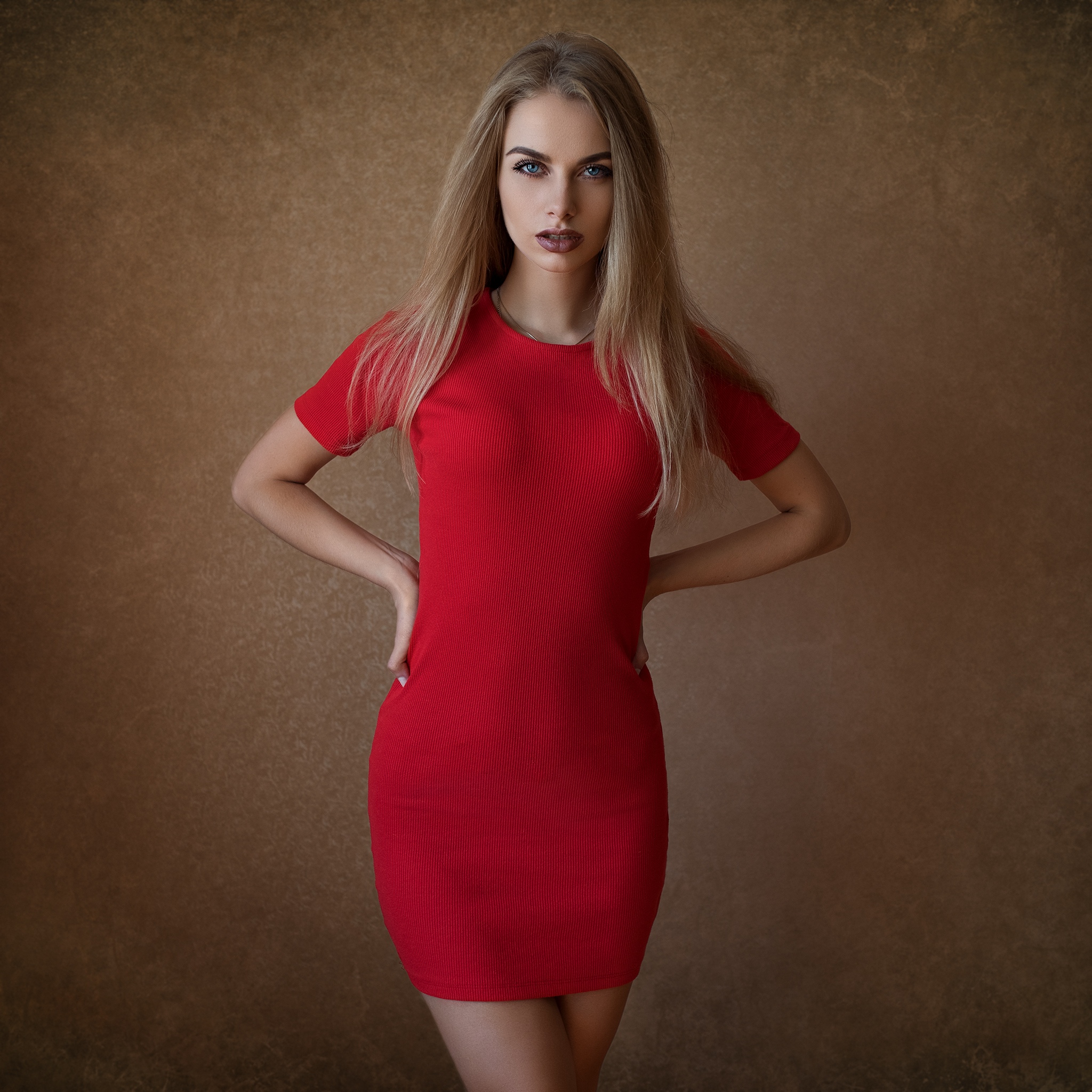 Dmitry Shulgin Red Dress Women Model Blonde Blue Eyes Tight Dress Standing Simple Background Red Bro 2048x2048