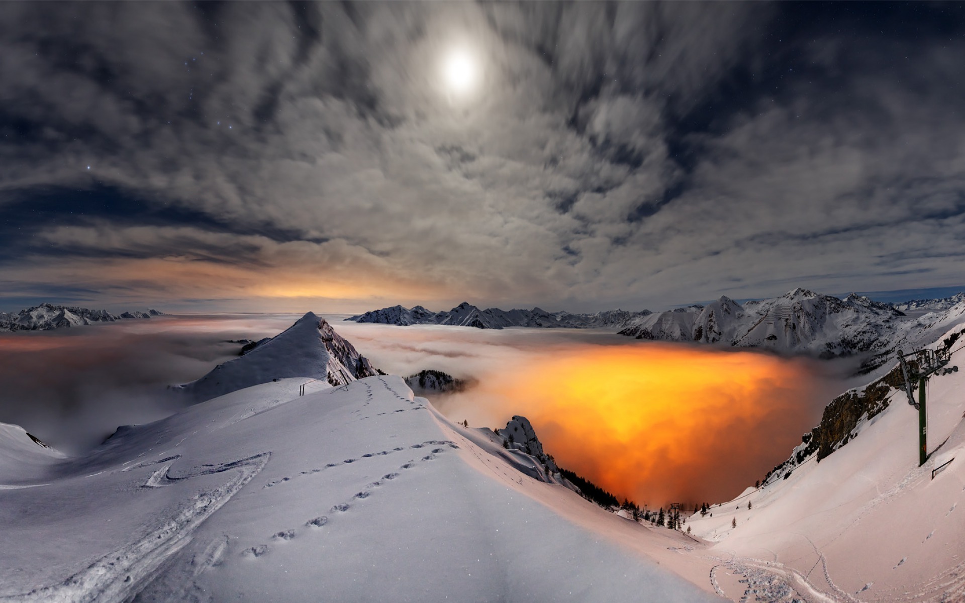 Nature Landscape Winter Snow Moon Sunset Mountains Mist Evening Stars Footprints Long Exposure Rock 1920x1200