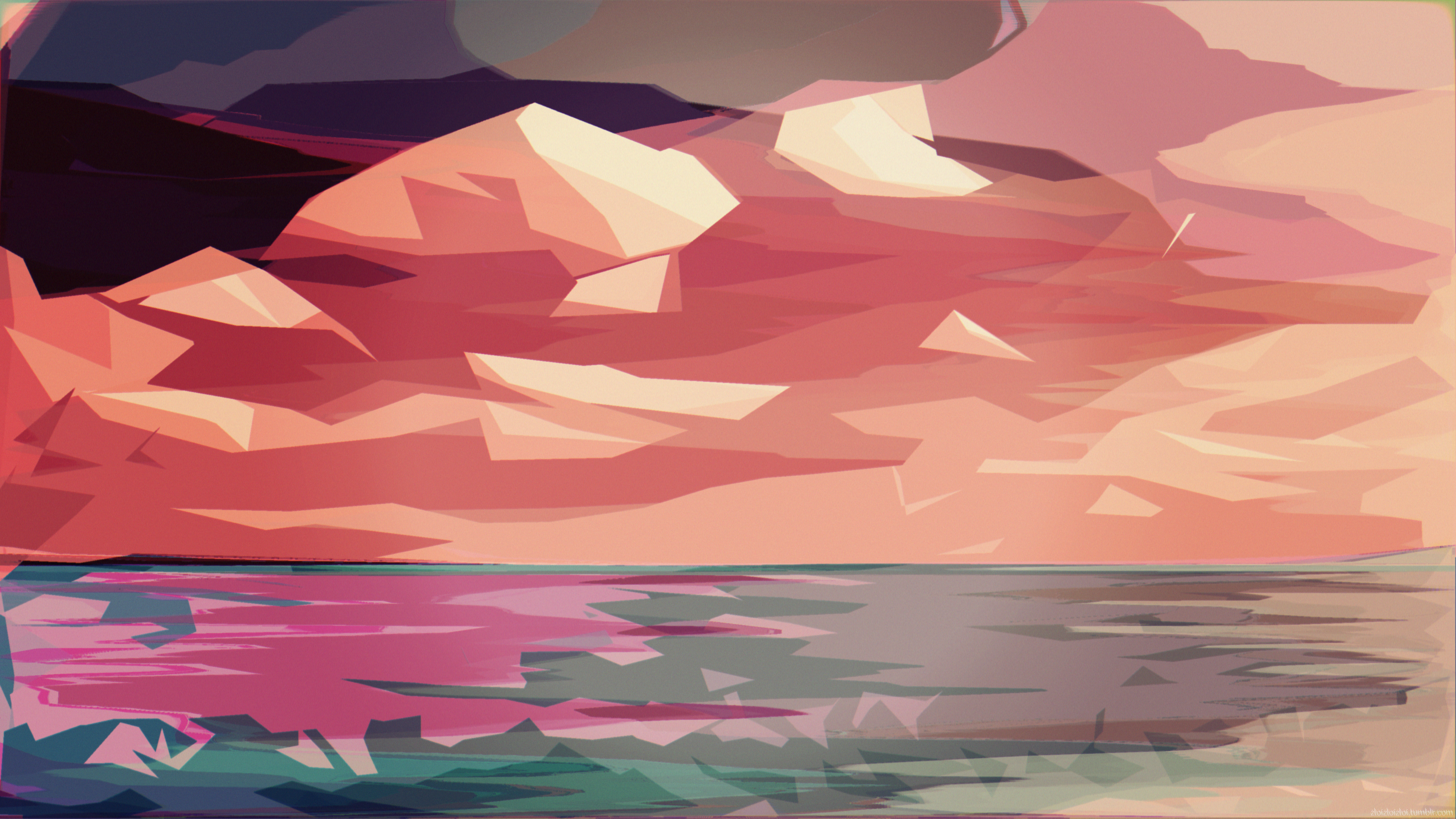 Polygon Art Abstract Sunset Sea Clouds 3840x2160