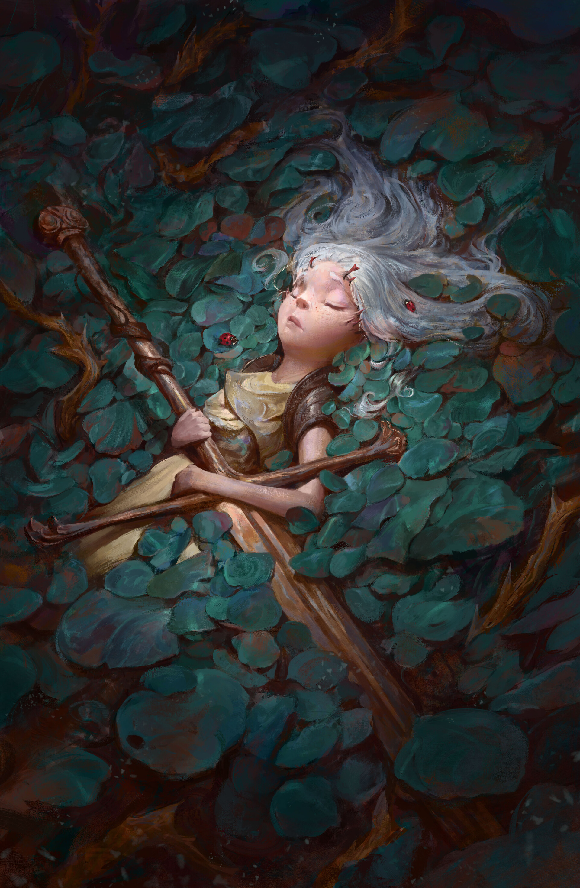 Digital Art Sword Women Fantasy Art Ladybugs Roots Leaves Sleeping 1920x2938