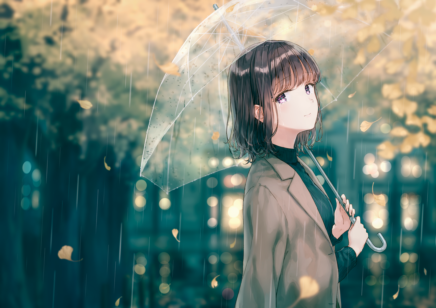 Anime Girls Digital Art Artwork 2D Portrait Short Hair Brunette Umbrella Rain Original Characters Hi 1414x1000