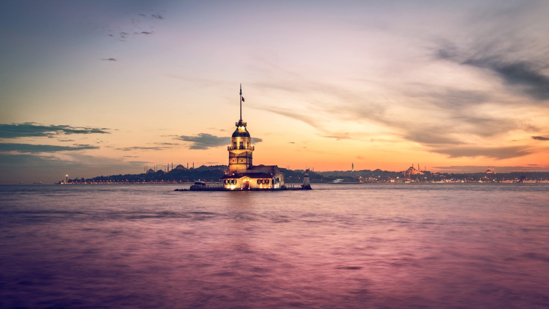 Istanbul Turkey Maidens Tower Bosphorus Sea Building Sunset City Kiz Kulesi Hagia Sophia City Lights 1920x1080