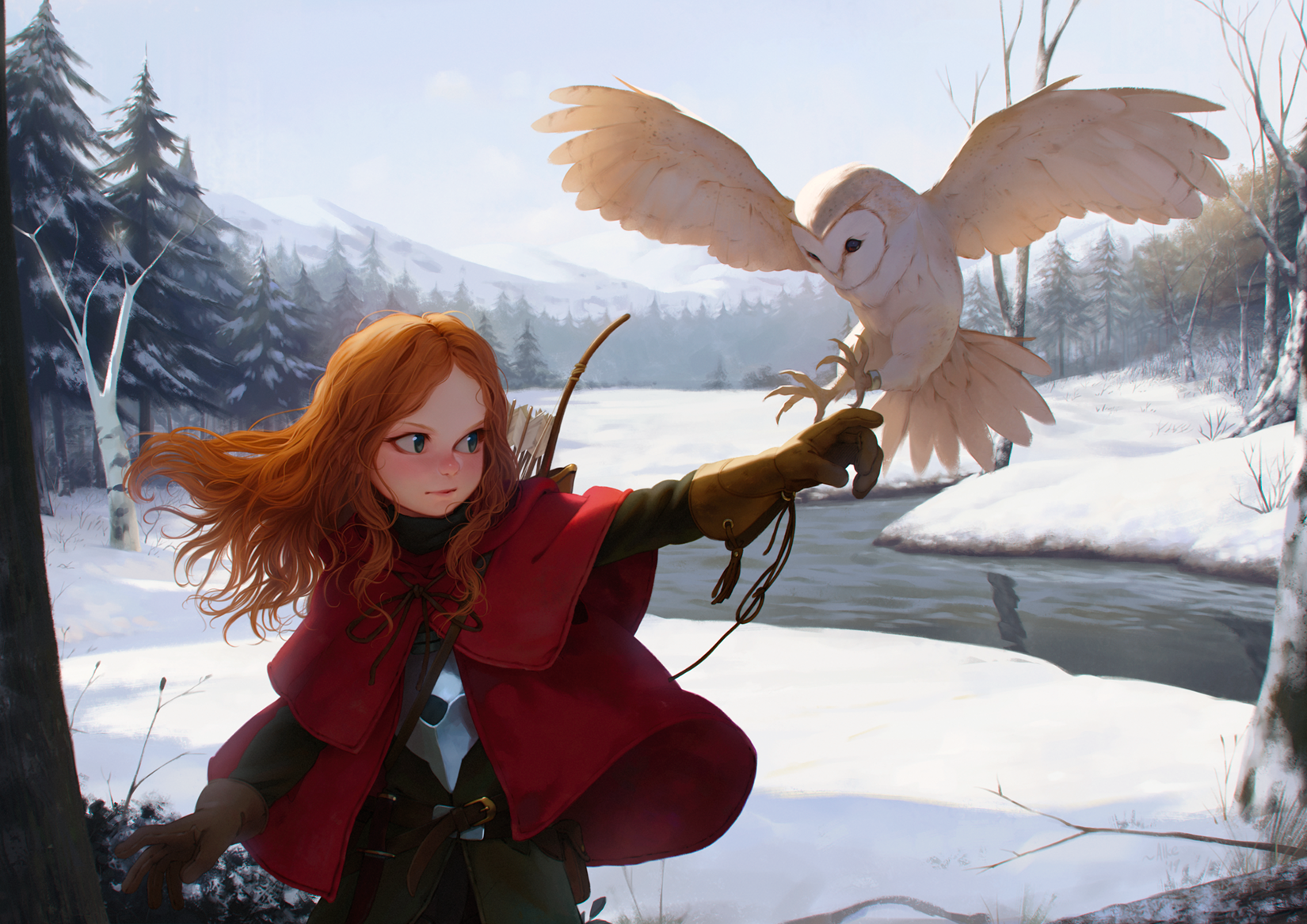 Anime Girls Anime Original Characters Redhead Long Hair Archer Hunter Owl Trees Forest Snow Winter A 1650x1167