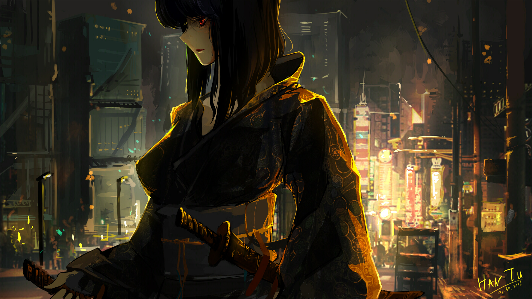 Motoko Kusanagi Ghost In The Shell Short Hair Black Hair Japanese Clothes Yukata Katana Weapon 1777x1000