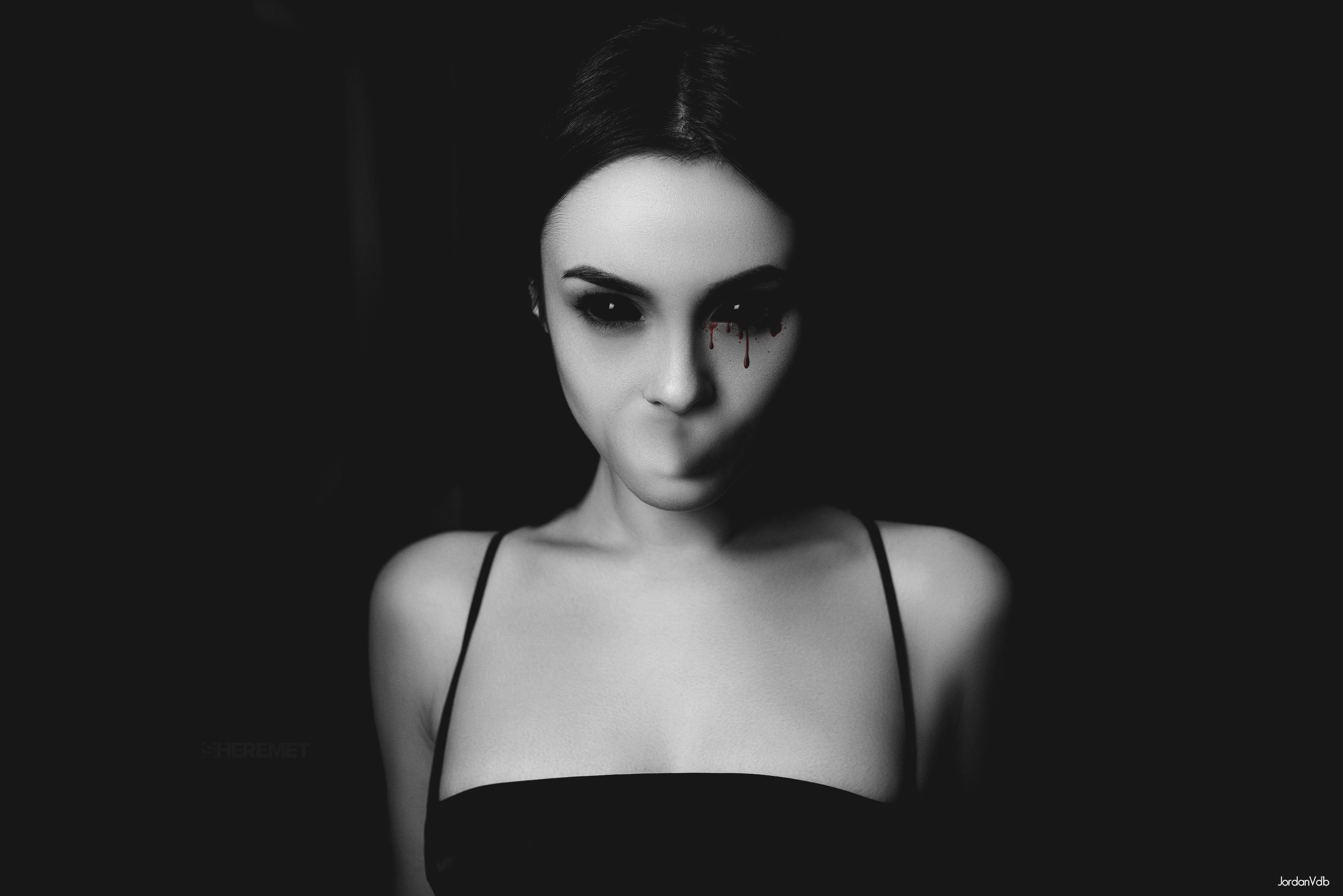 Women Horror Photo Manipulation Bleeding Eyes Simple Background Dark Eyes 2560x1708