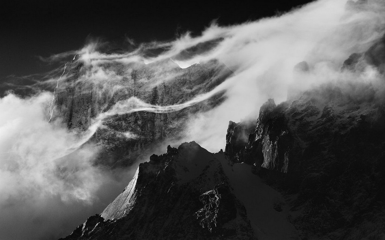 Nature Landscape Mountains Monochrome Torres Del Paine Chile Wind Mist Clouds Sunlight Snowy Peak 1230x768