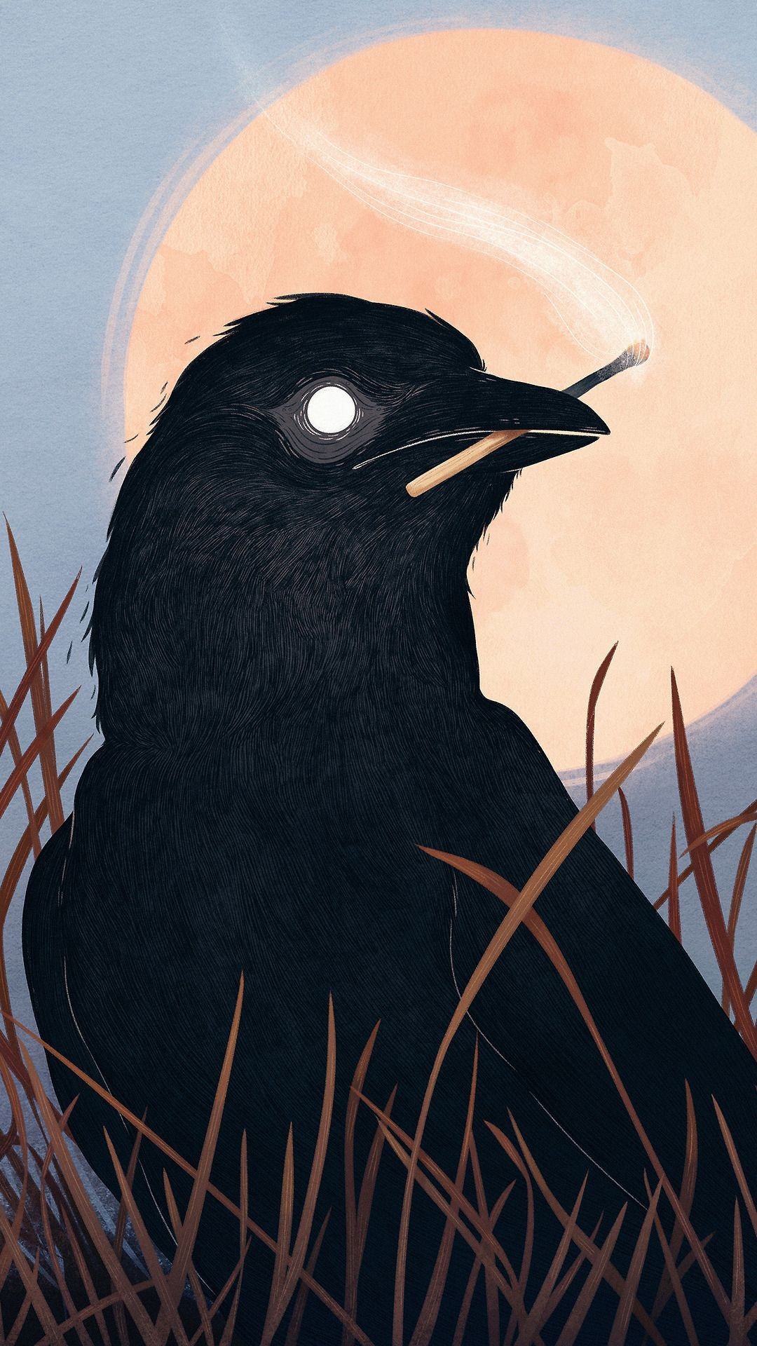 Digital Art Drawing Matches Fire Crow Raven Birds Moon 1080x1920