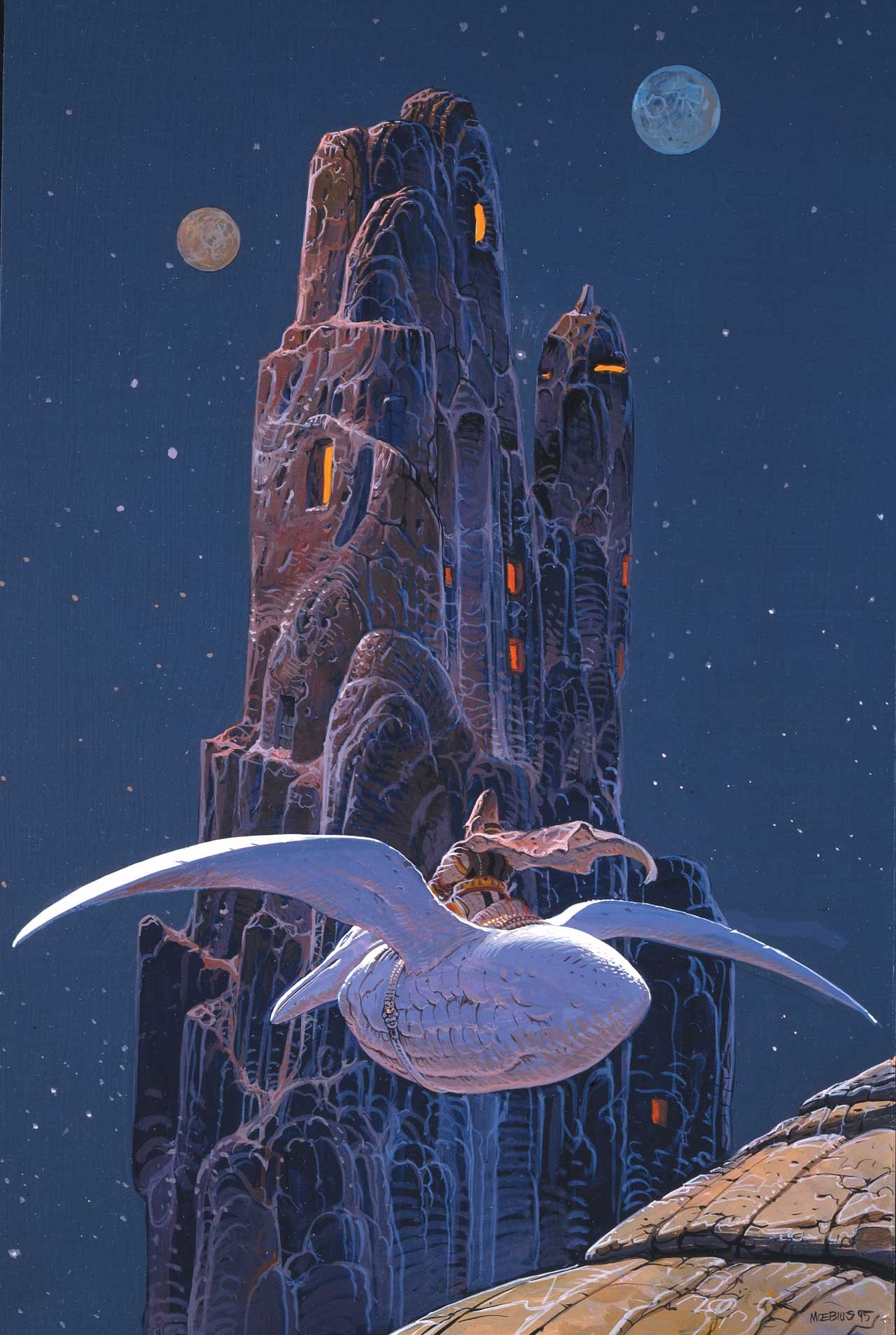 Digital Art Fantasy Art Nature Jean Giraud M Bius Flying Psychedelic Mountains Moon Stars Rock Portr 1280x1906