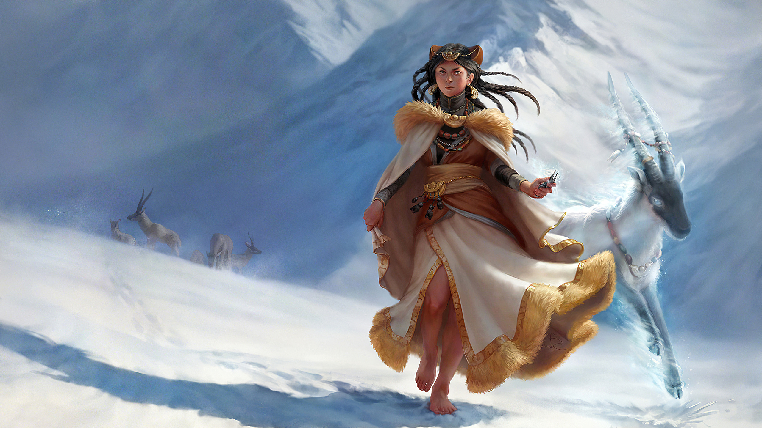 Digital Art Artwork Fantasy Art Shaman Snow Mountains Winter Creature Women Magic Daylight 2560x1440