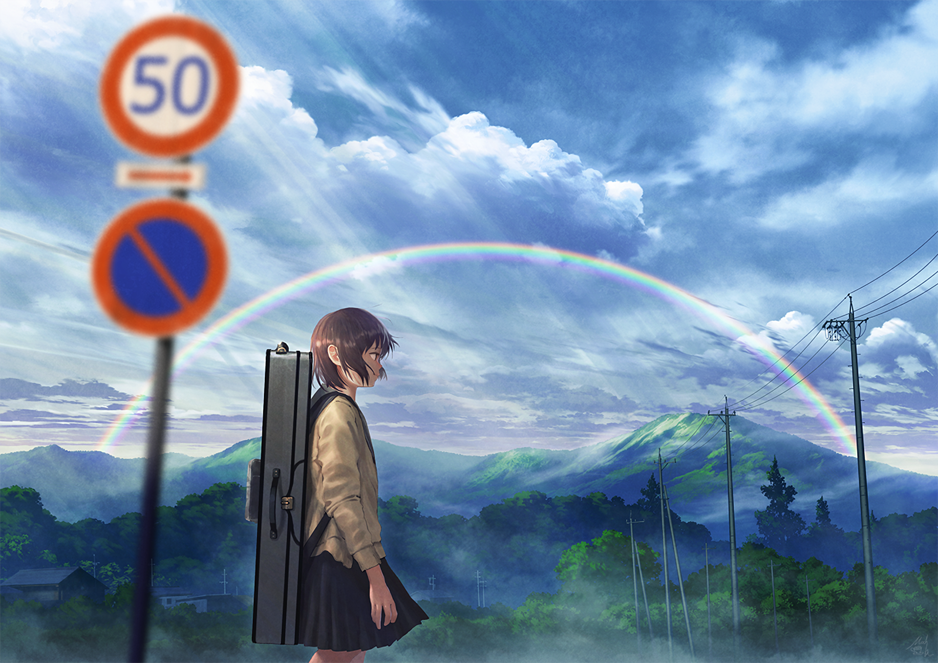 Anime Anime Girls Sign Landscape Numbers Mountains Outdoors Sky Moescape 1920x1357