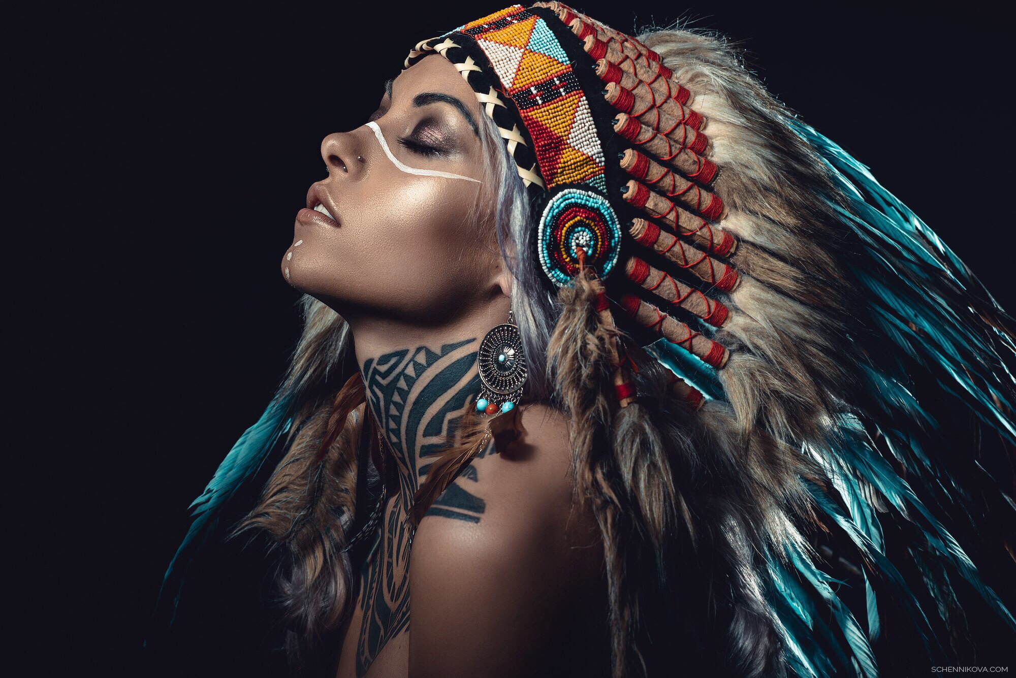 Feathers Women Model Face Simple Background Closed Eyes Makeup Headdress Teya Salat 2000x1335