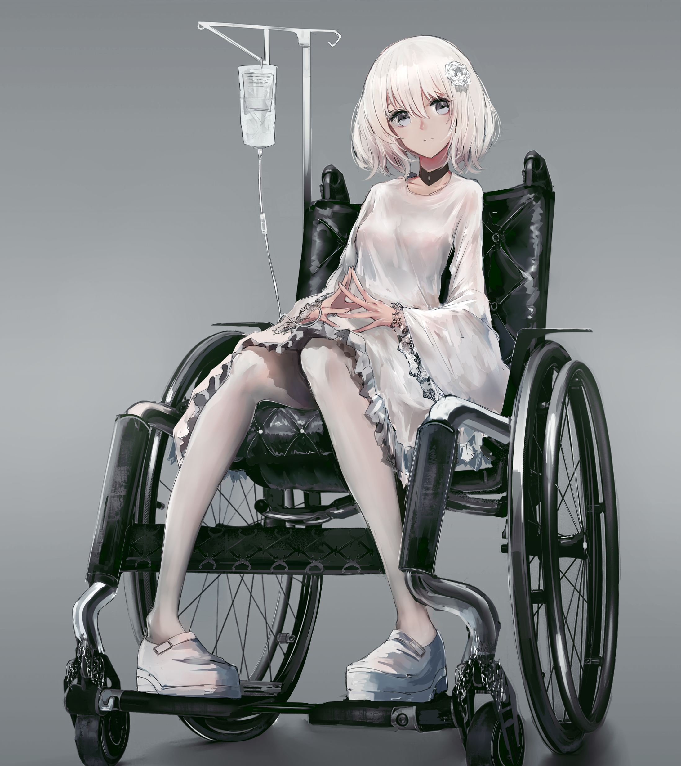 Anime Girls Anime Gray Eyes White Hair Wheelchair Flower In Hair 2196x2468