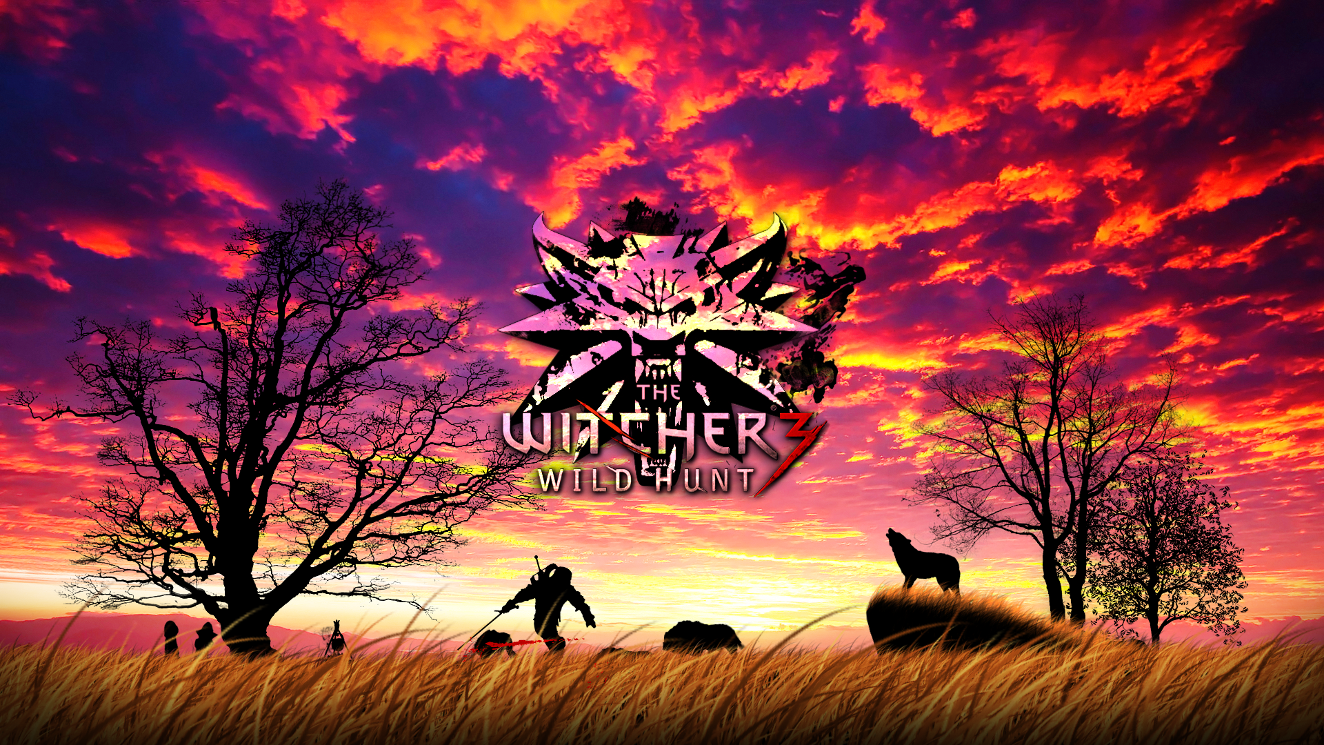 The Witcher 3 Wild Hunt Geralt Of Rivia Sunset Wolf Dry Grass Clouds Silhouette The Witcher 1920x1080