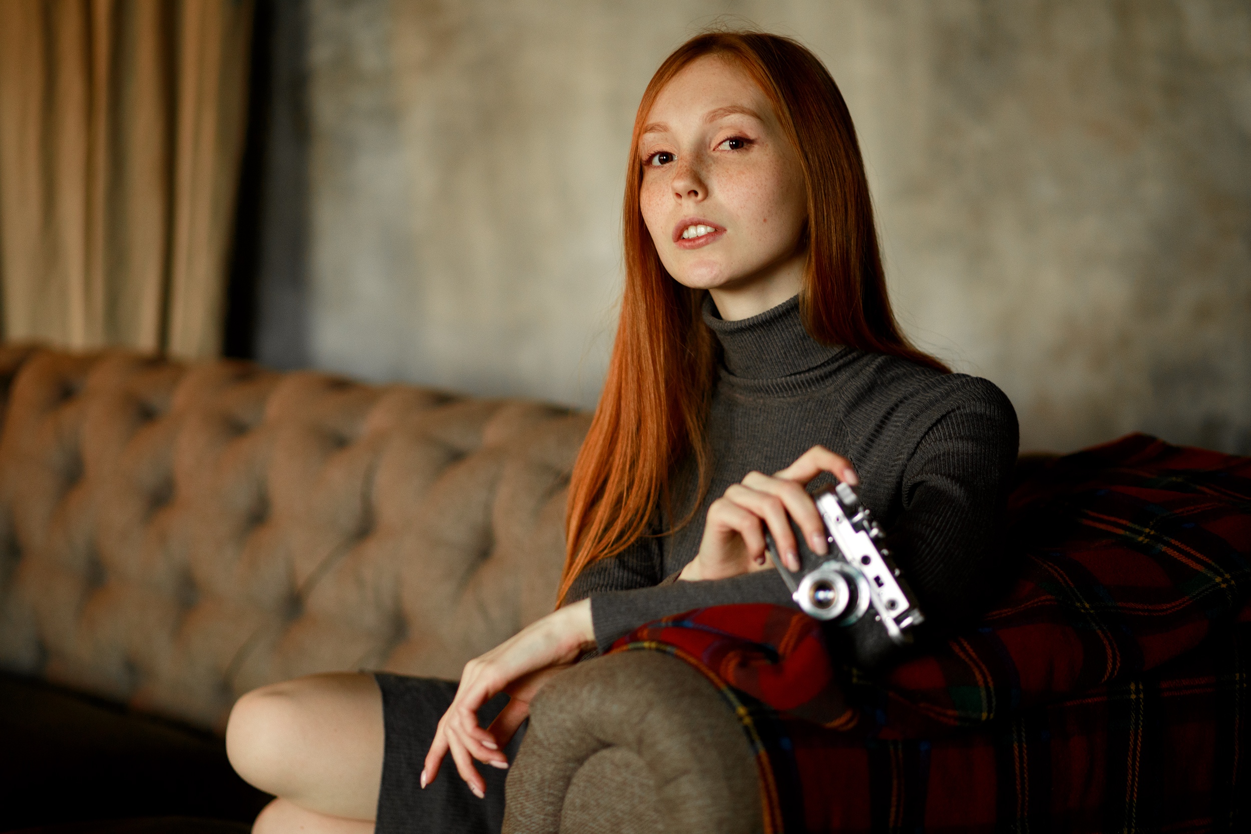 Women Model Redhead Portrait Indoors Looking At Viewer Dress Turtlenecks Camera Couch Depth Of Field 2500x1667