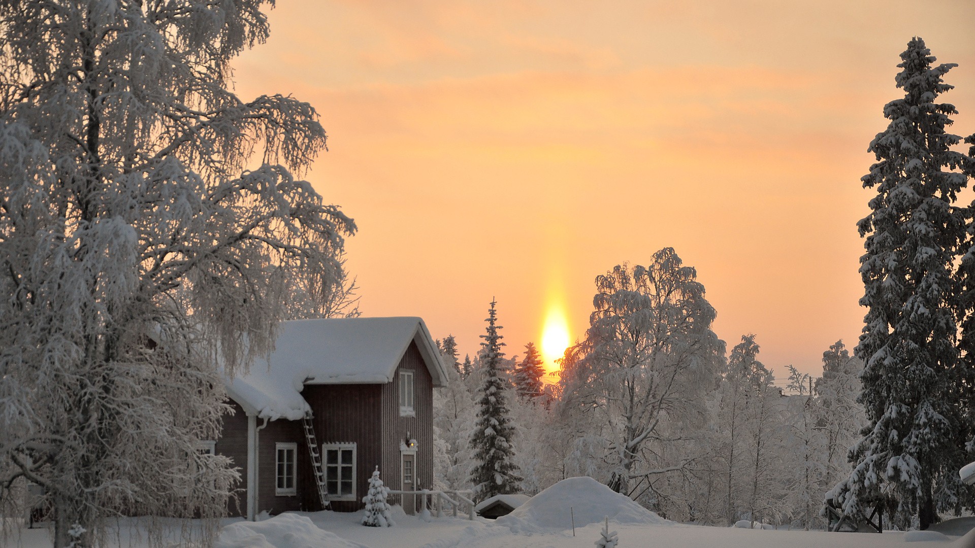 Winter Wood House Sunset Snow 1920x1080