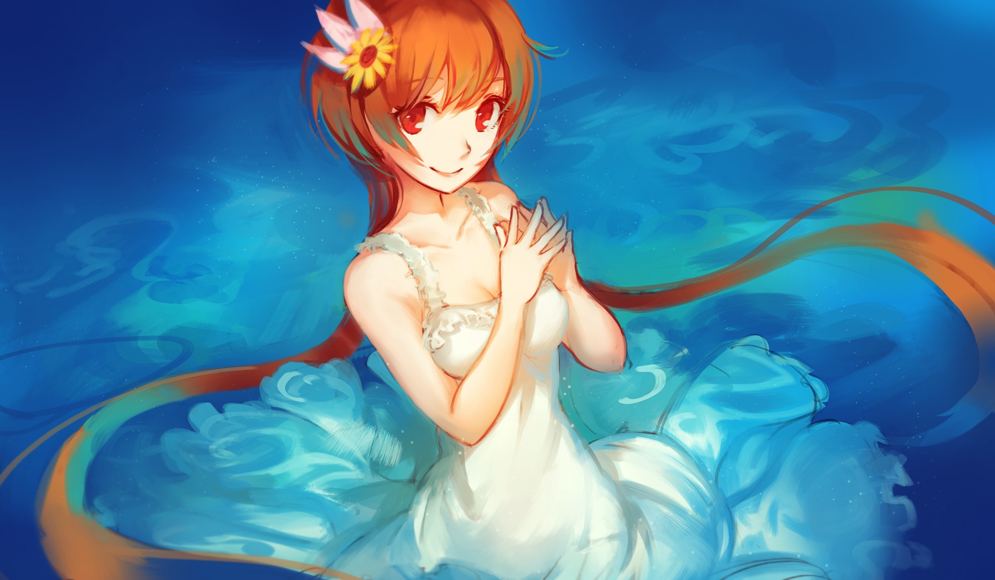 Anime Anime Girls Dress White Dress Red Eyes Long Hair Redhead Wedding Dress Water Nisekoi Tachibana 1980x1155