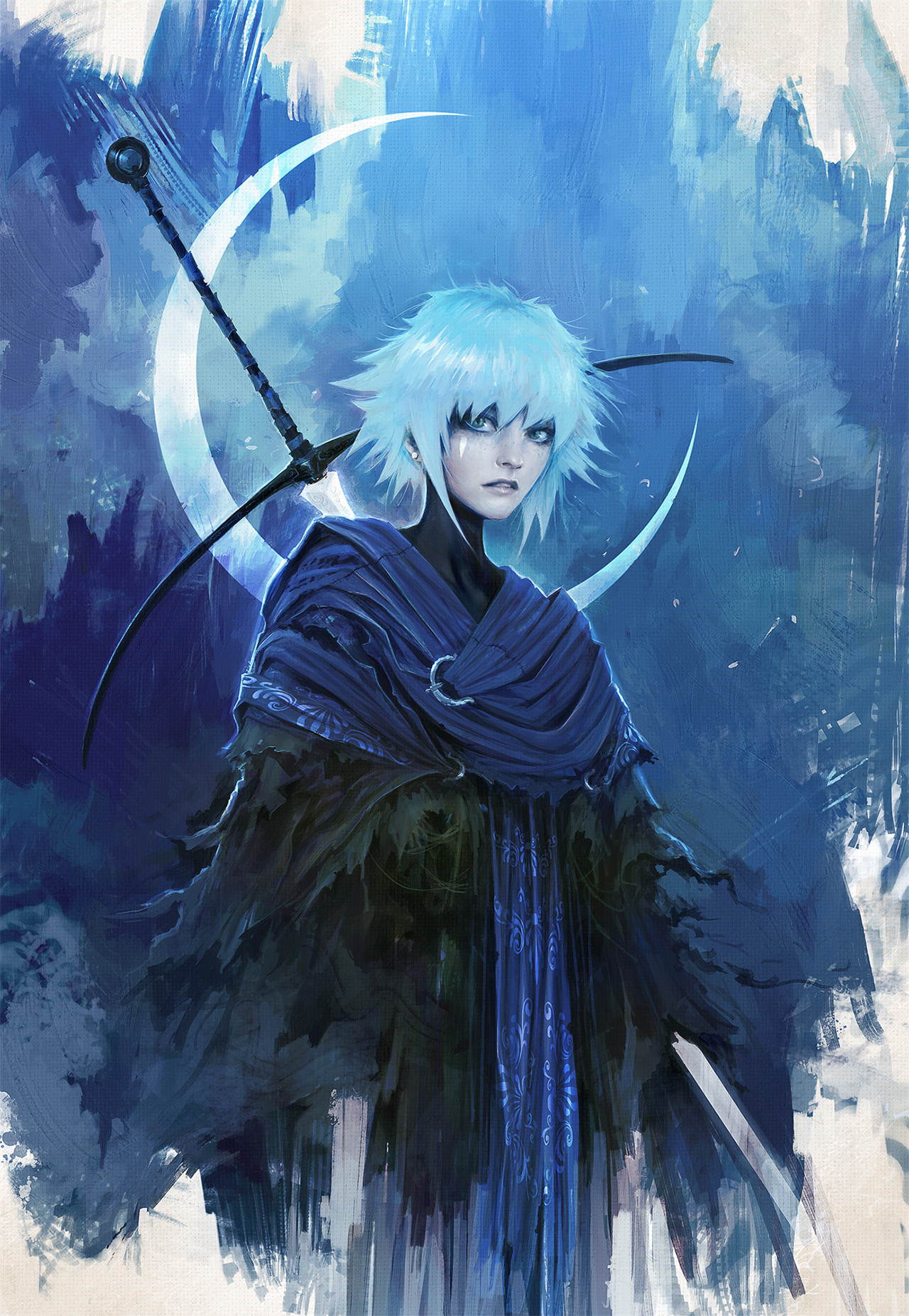 Alexandre Chaudret Women Armor Clothes Sword Short Hair Tie Blue Painting Blue Hair Moon Cyan 1280x1852